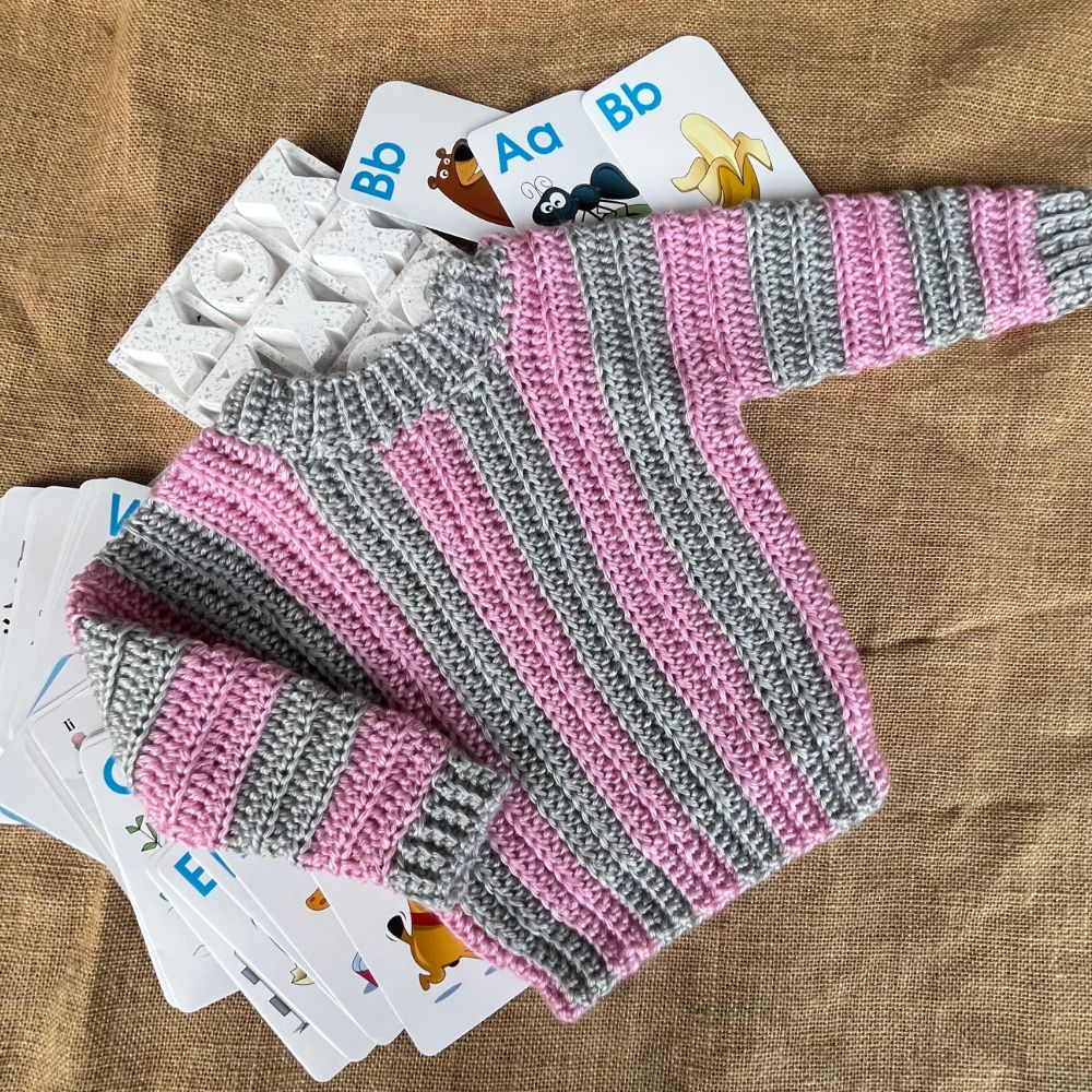 Handmade crochet baby-toddler jumper | super soft | pink grey stripes