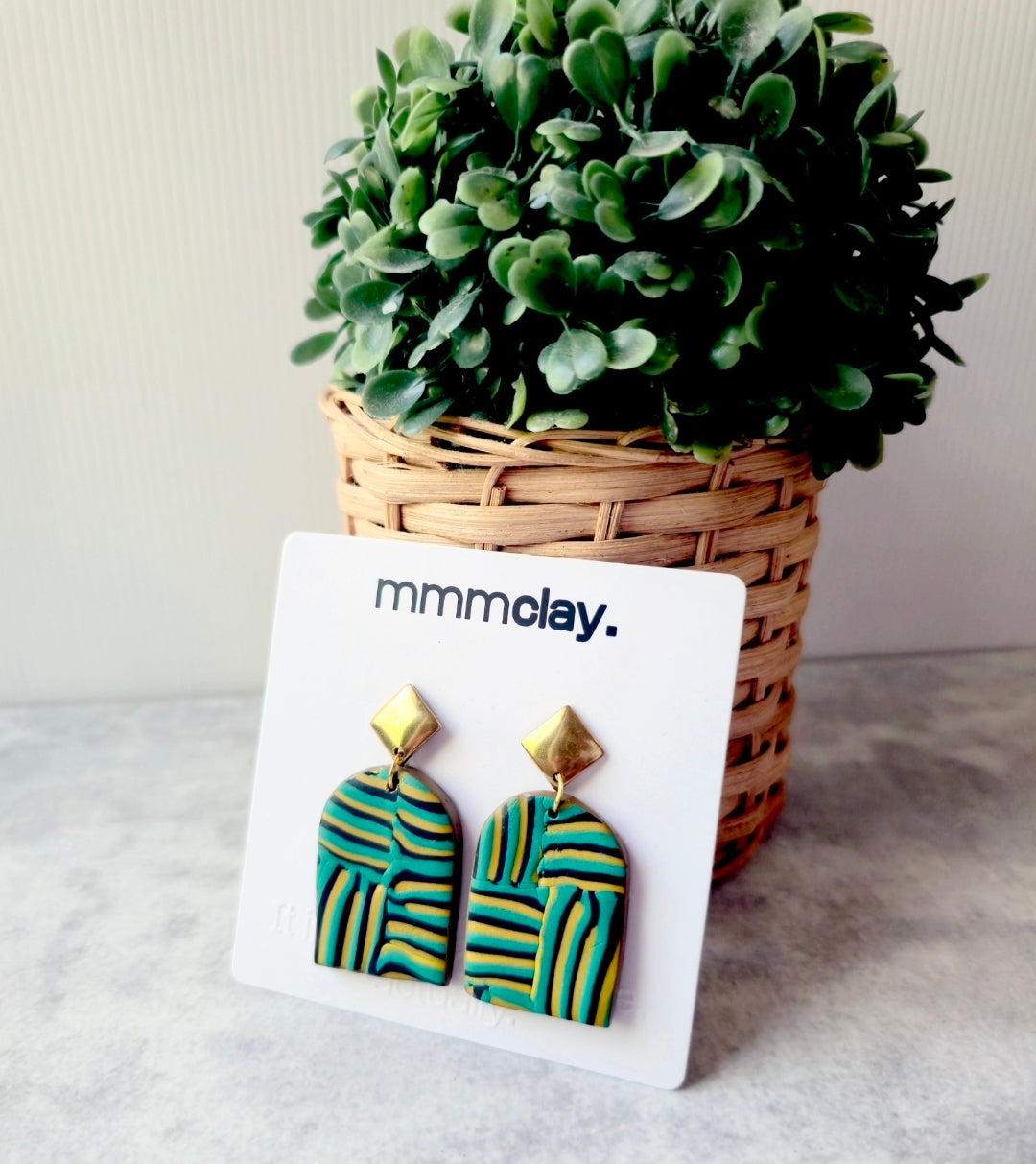 Teal and Mustard Striped Polymer Clay Arch Earrings
