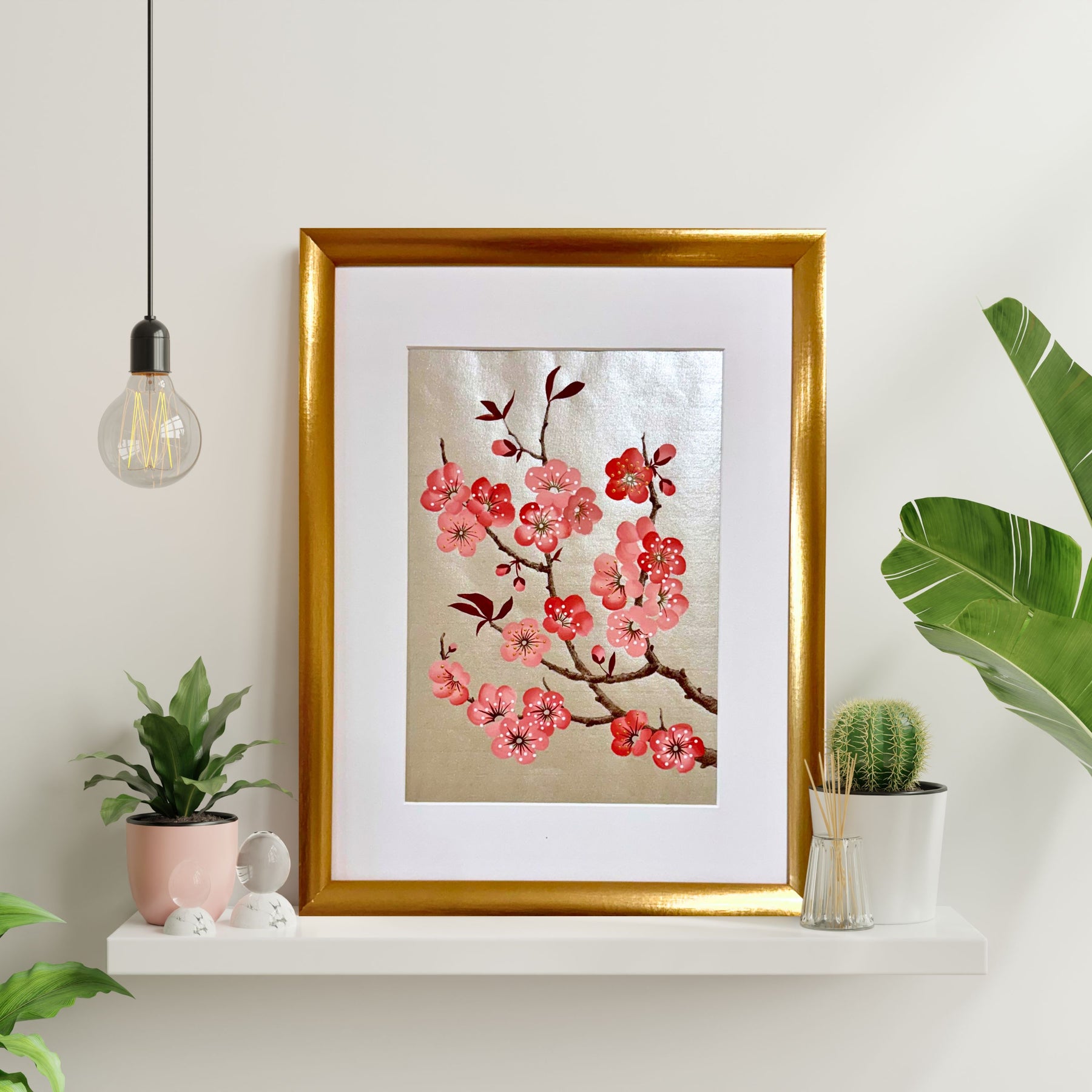Original Plum Blossom Painting | Chinoiserie Floral Art on Champagne Gold Xuan Paper | Gouache Artwork | Lunar New Year | Gift