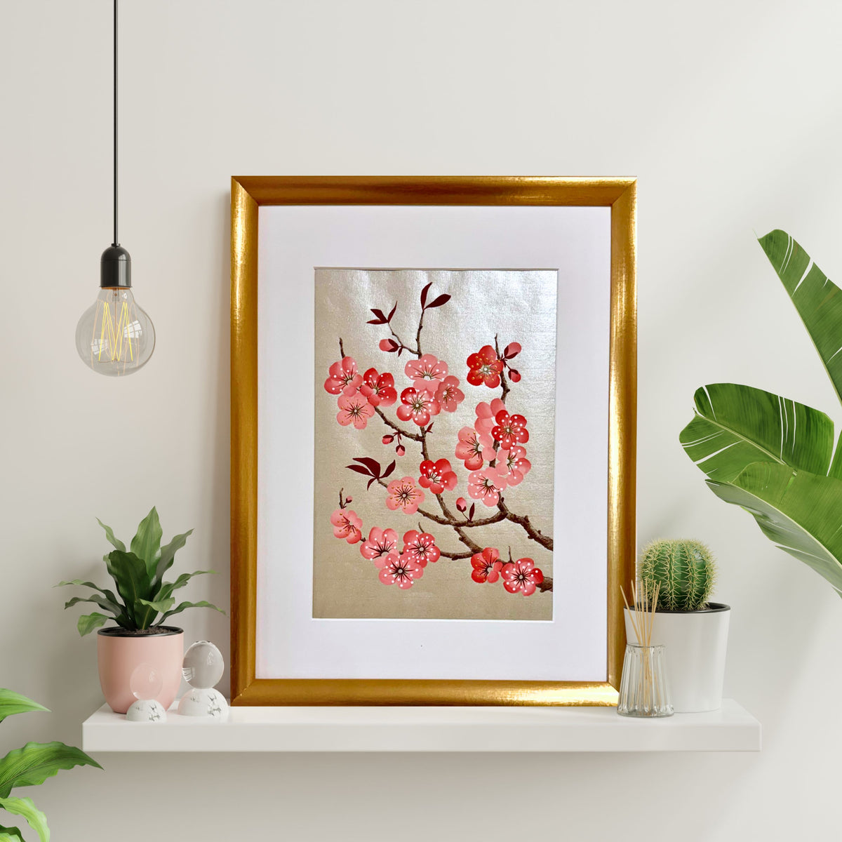Original Plum Blossom Painting | Chinoiserie Floral Art on Champagne Gold Xuan Paper | Gouache Artwork | Lunar New Year | Gift