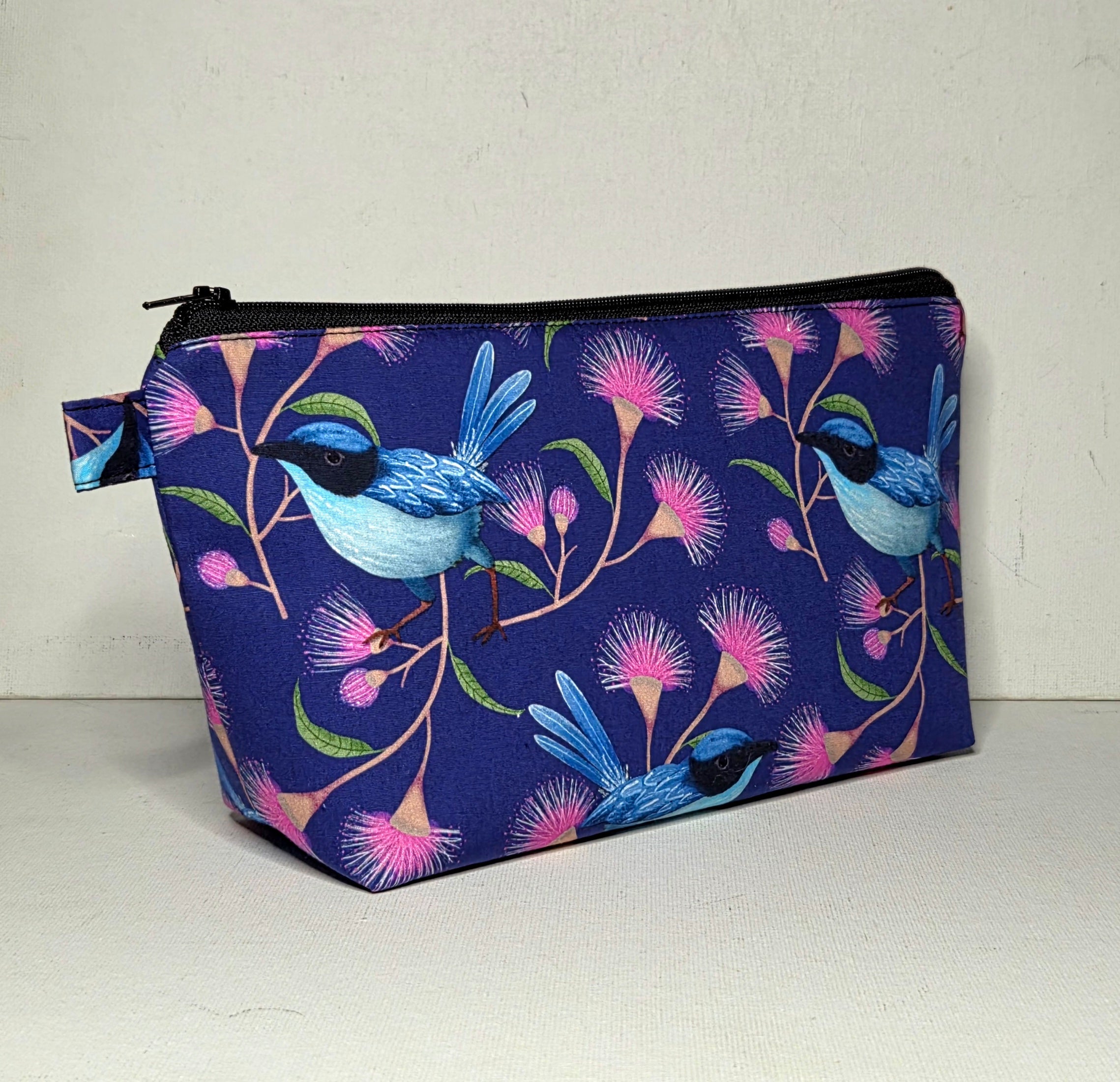 XL Pouch in Blue Wren and Wildflower Fabric