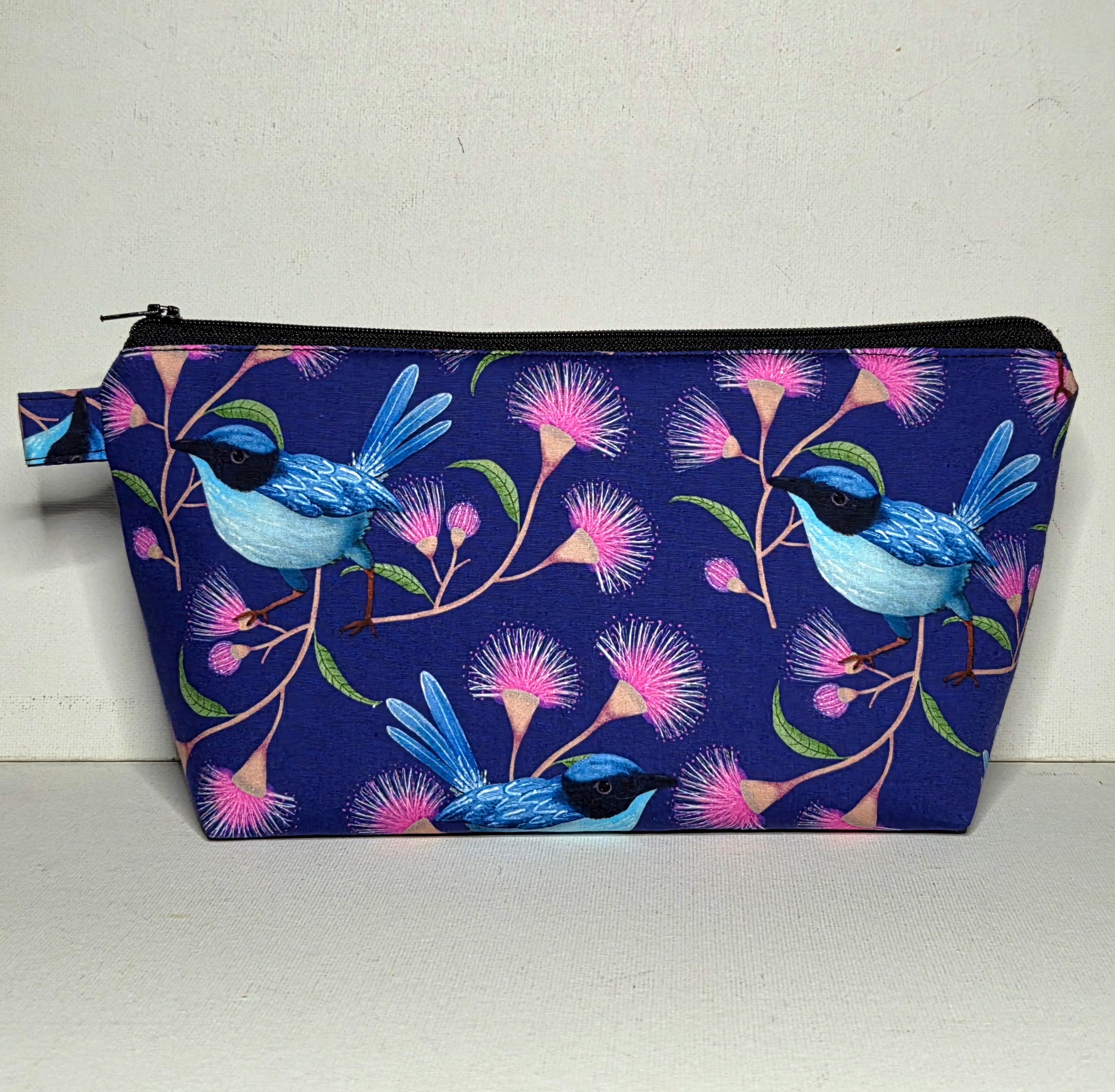 XL Pouch in Blue Wren and Wildflower Fabric