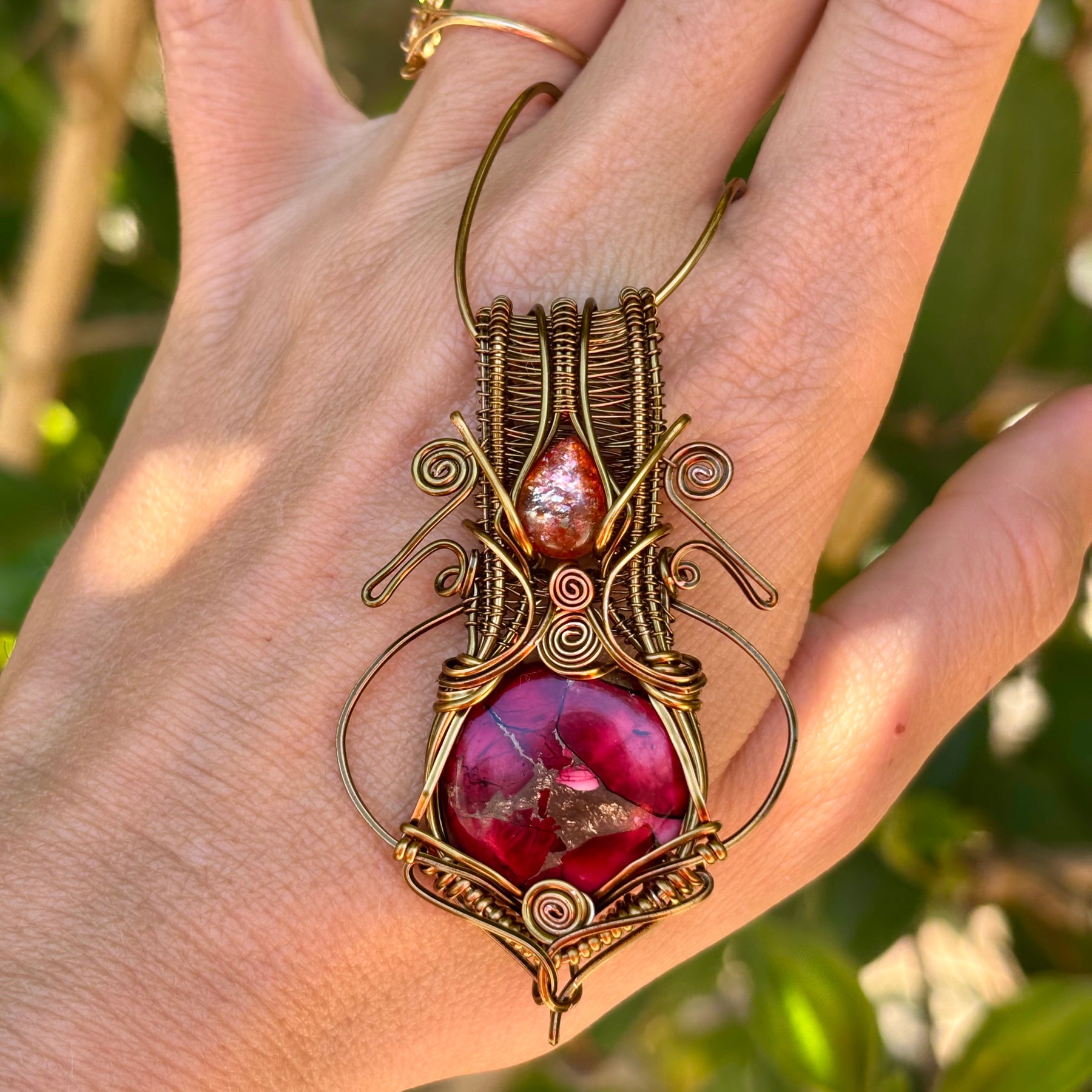 Sunstone Mojave turquoise copper crystal wire wrap pendant