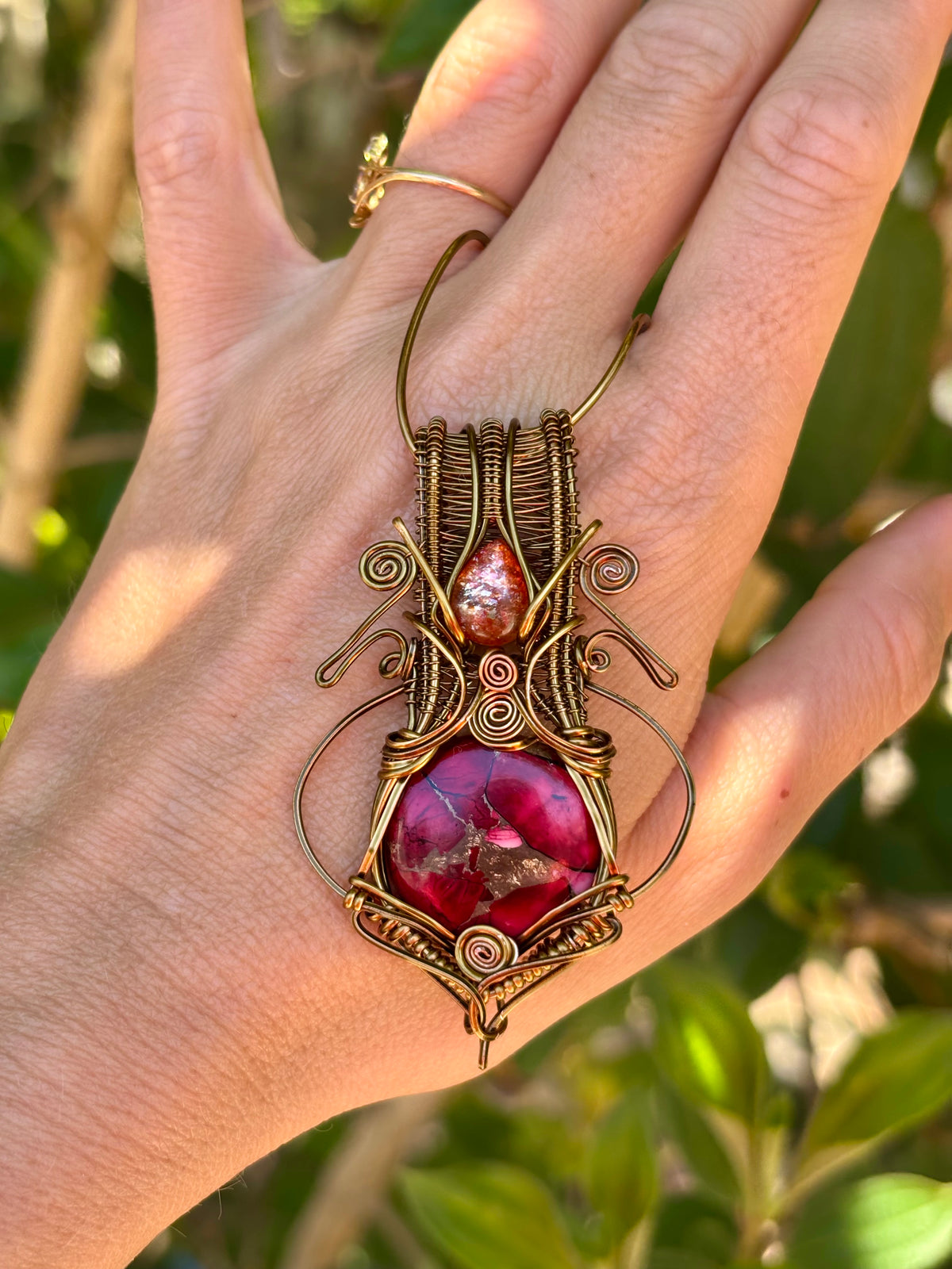 Sunstone Mojave turquoise copper crystal wire wrap pendant