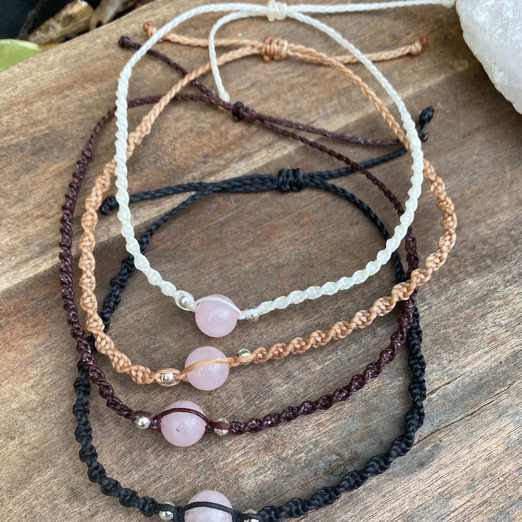 Rose Quartz Beaded Anklet: Macrame Adjustable Waterproof
