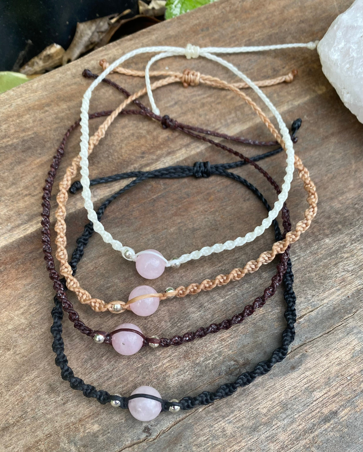 Rose Quartz Beaded Anklet: Macrame Adjustable Waterproof