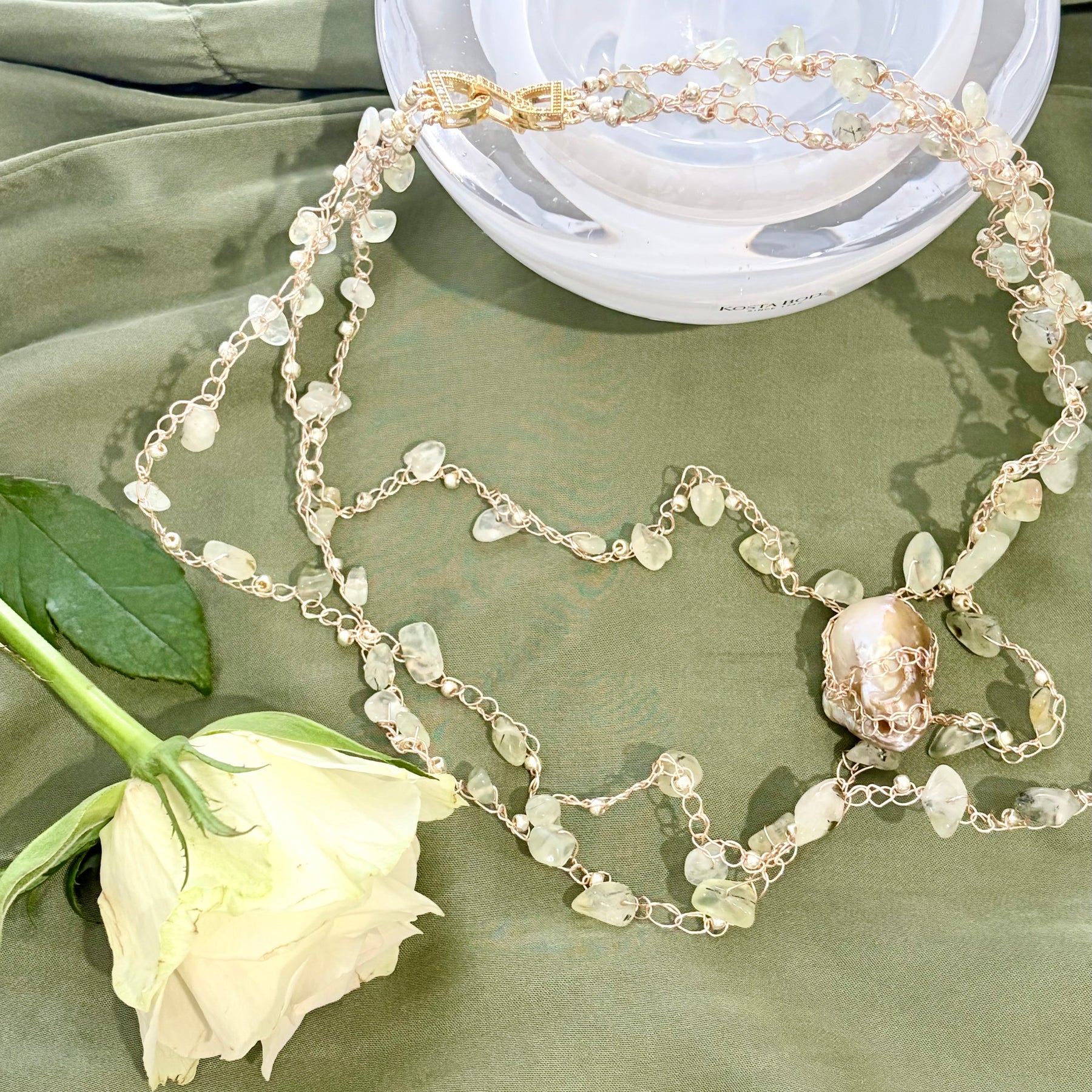 Prehnite and Baroque Pearl “Symphony in Green” Necklace