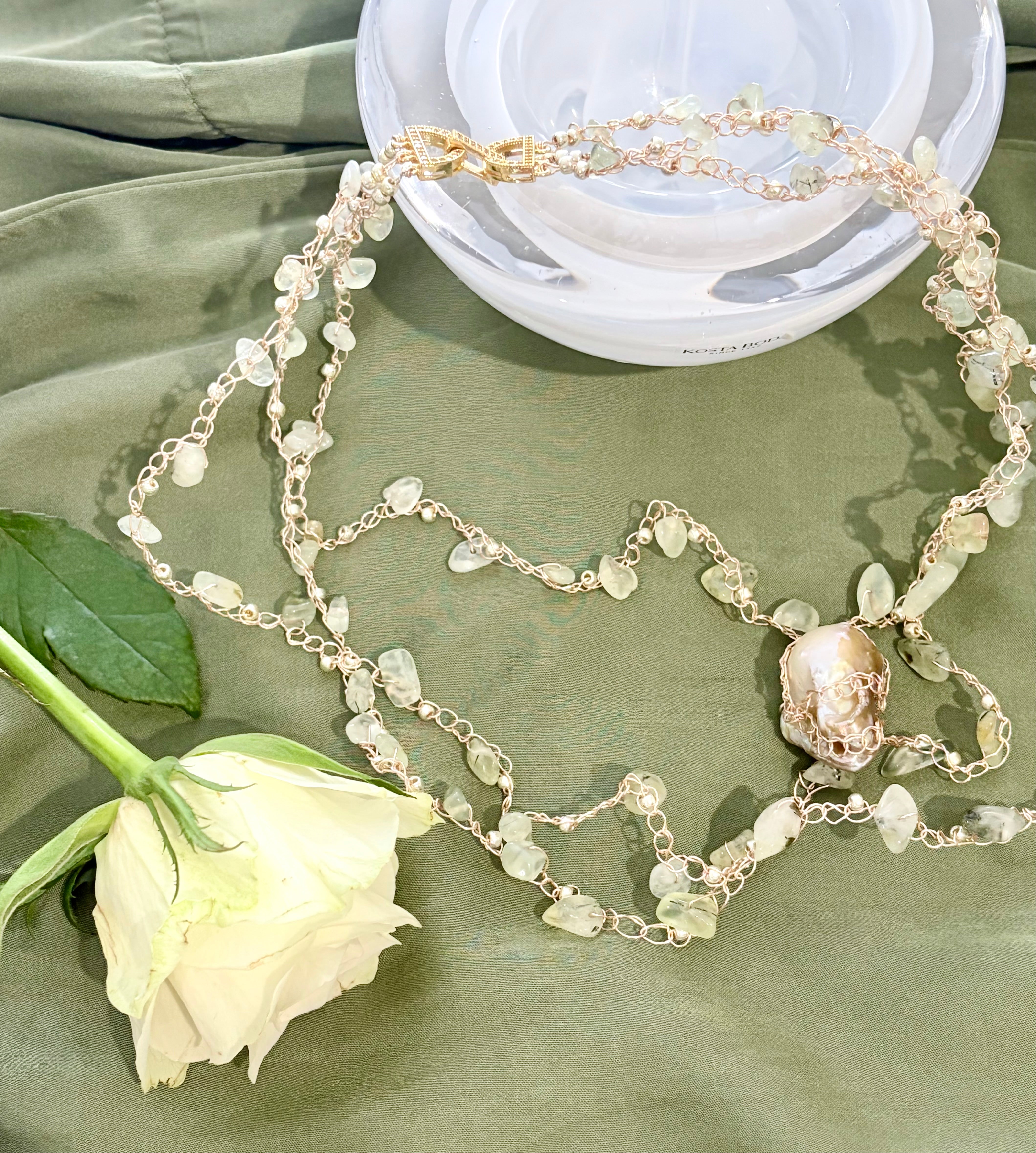 Prehnite and Baroque Pearl “Symphony in Green” Necklace