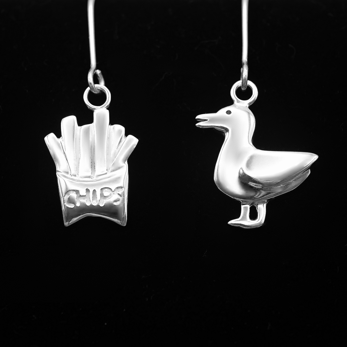 Seagull & Chips Earrings - Handmade Sterling Silver Mismatched Earrings