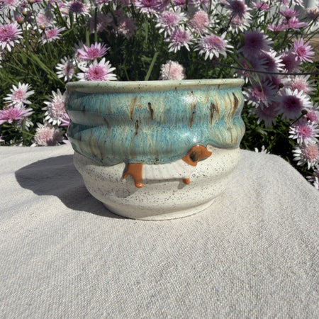 Handmade Pottery Dachshund Cup – Sausage Dog with Ocean Wave Glaze mug