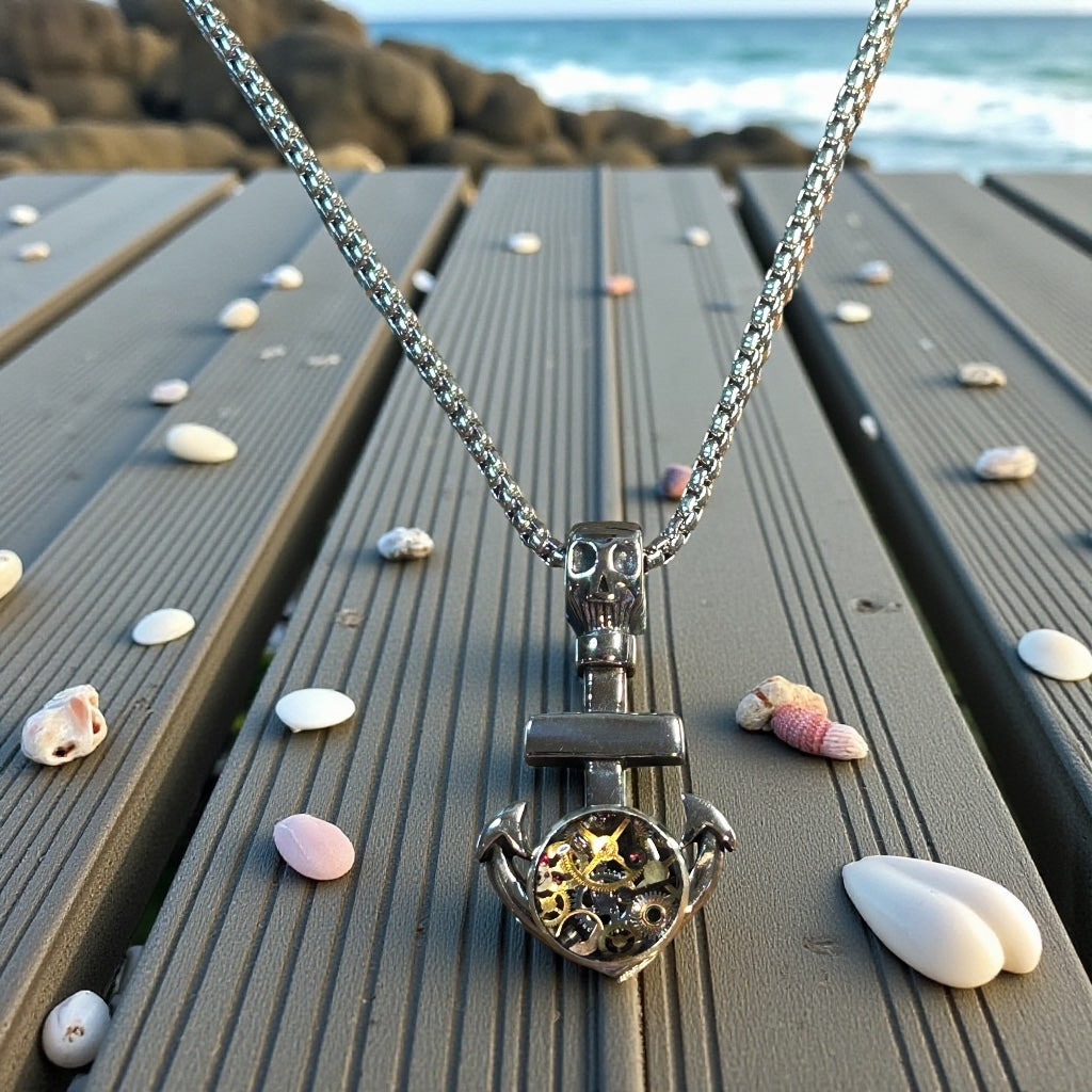 Steampunk Watch Parts Mens Anchor Necklace