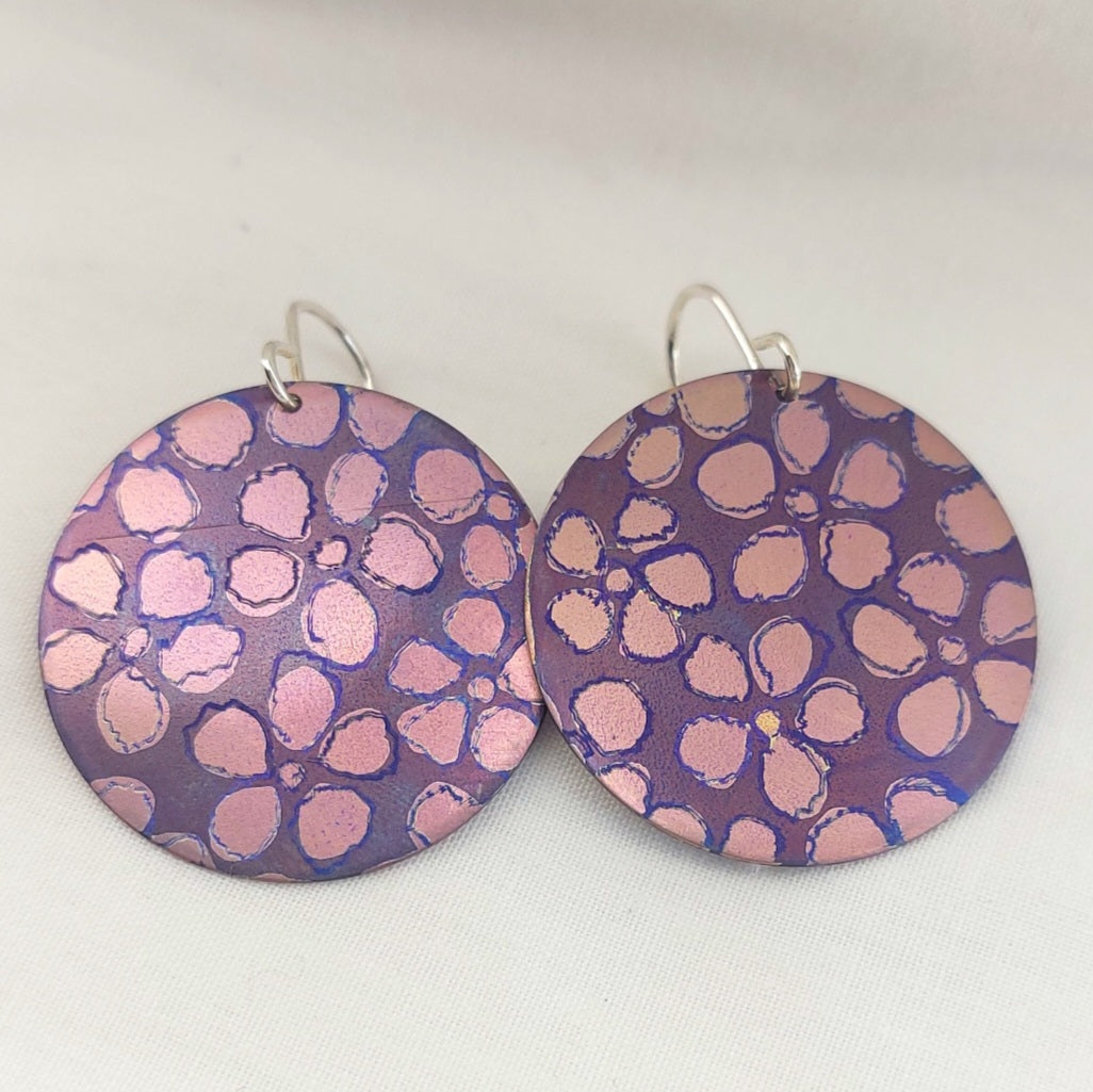 Titanium Disc Earrings with Leptospermum Design- purple, pink, blue