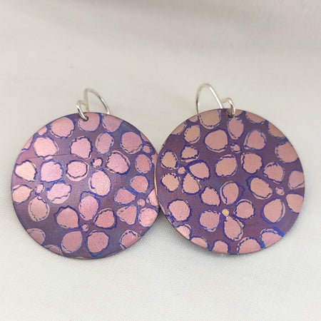 Titanium Disc Earrings with Leptospermum Design- purple, pink, blue