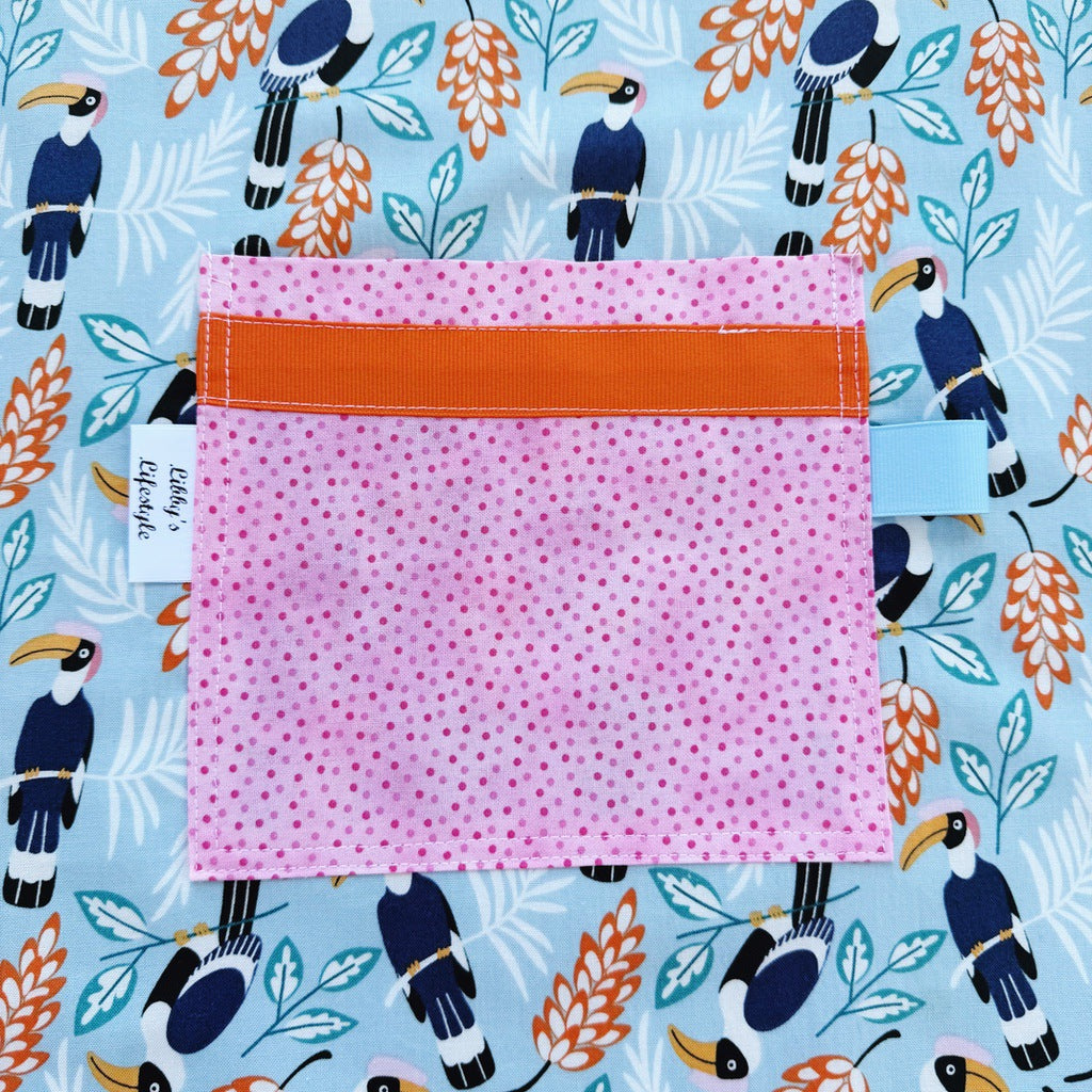 Toucans pinafore ladies apron with pocket.