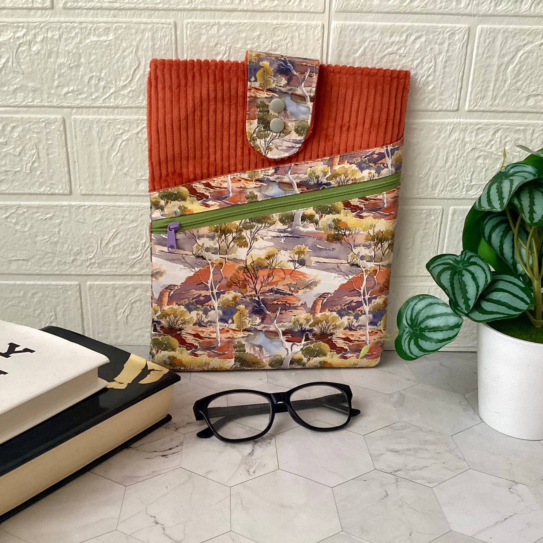 Australian Outback Scene fabric book sleeve with 2 pockets. iPad, tablet pouch