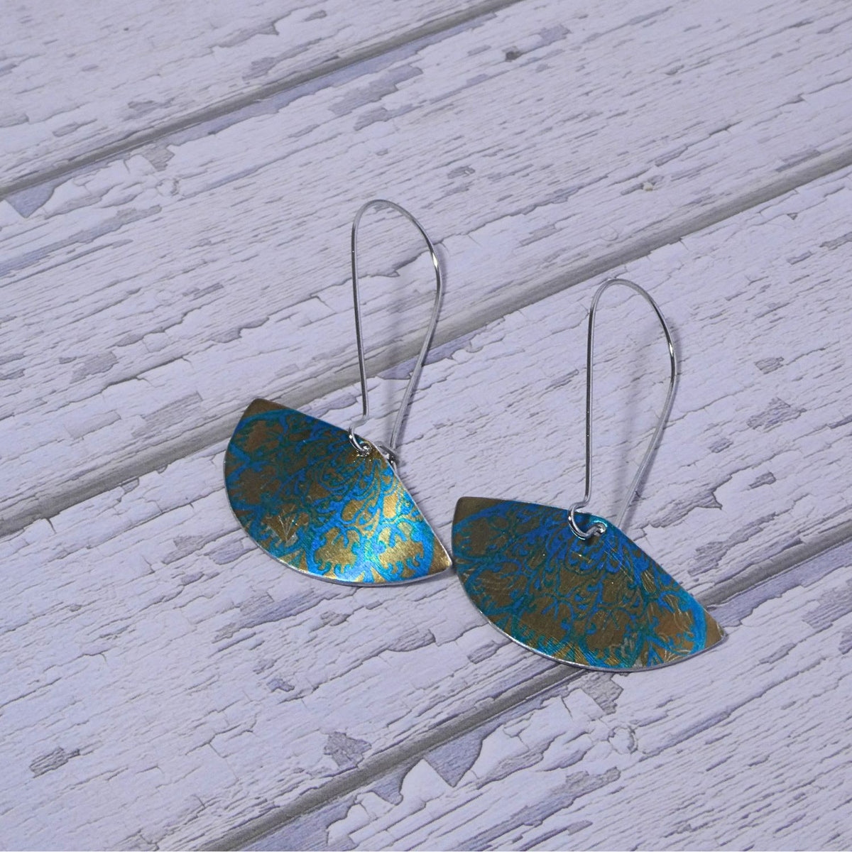 Hand printed anodised aluminium earrings - Persian Blue Collection