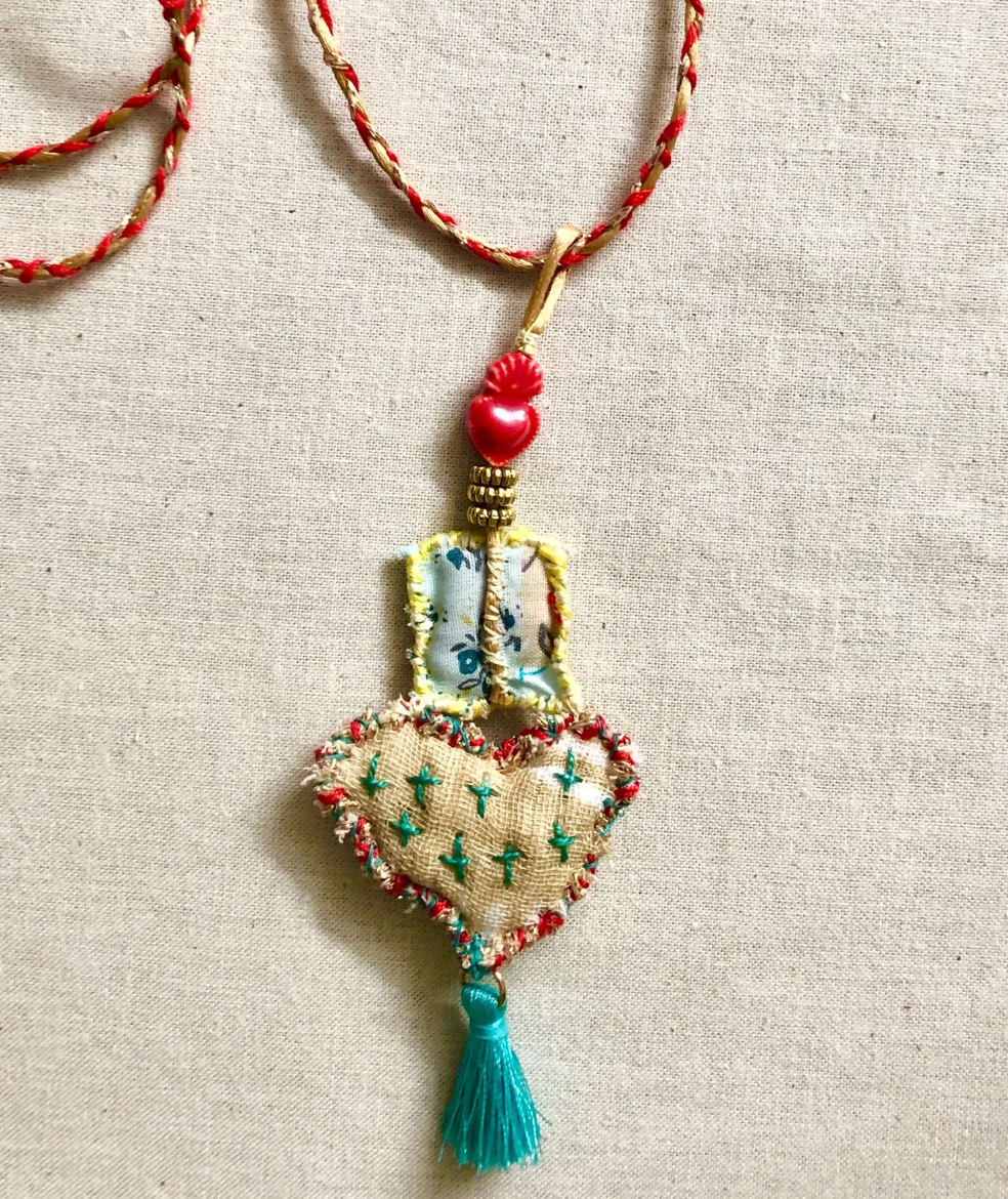 Slow Stitched Textile Necklace - LOVE