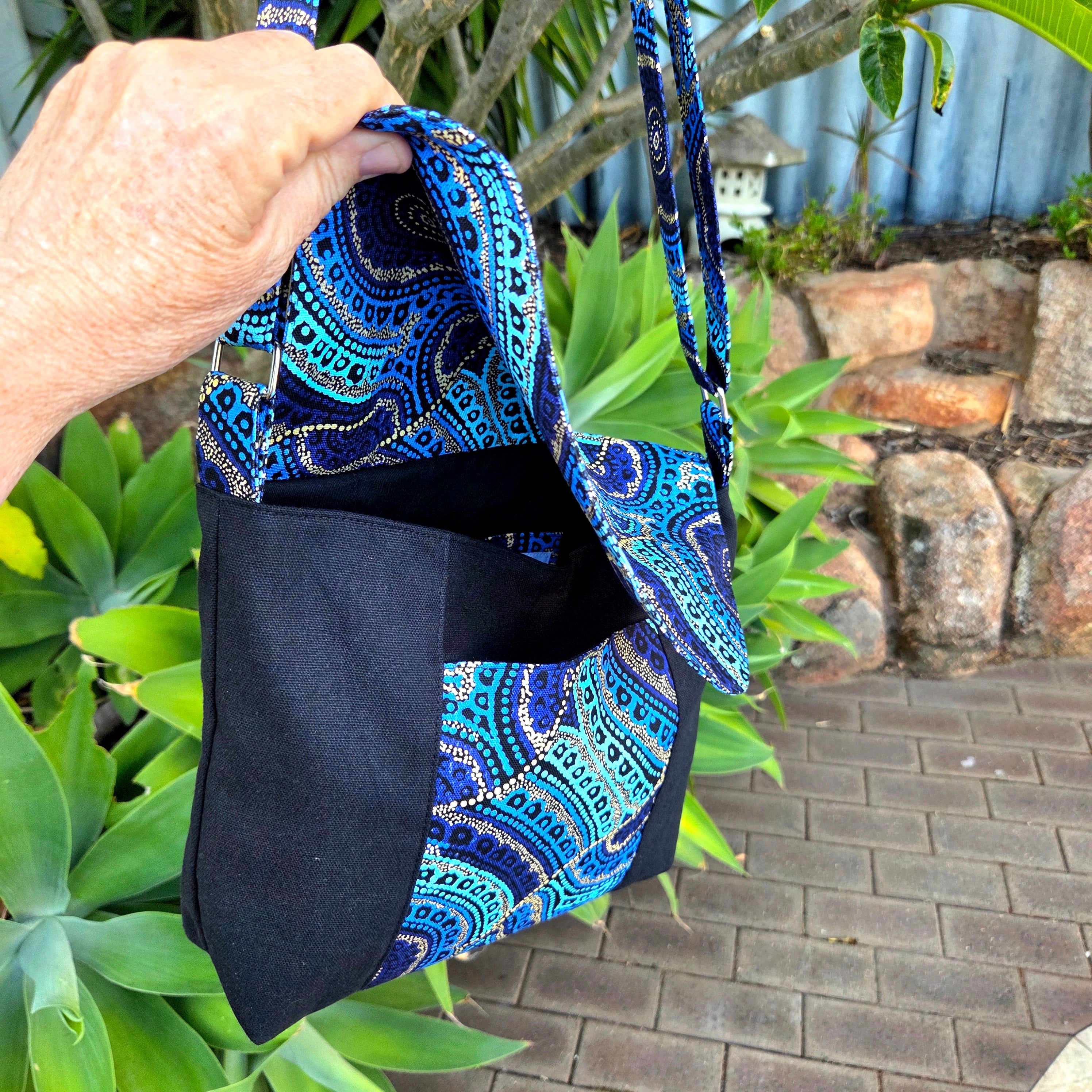 Spacious Cross Body Bag with two pockets in Blue Dot Print fabric