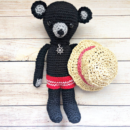 Handmade Crochet Black Bear – Amigurumi Doll with Straw Hat, 21cm, One of a Kind