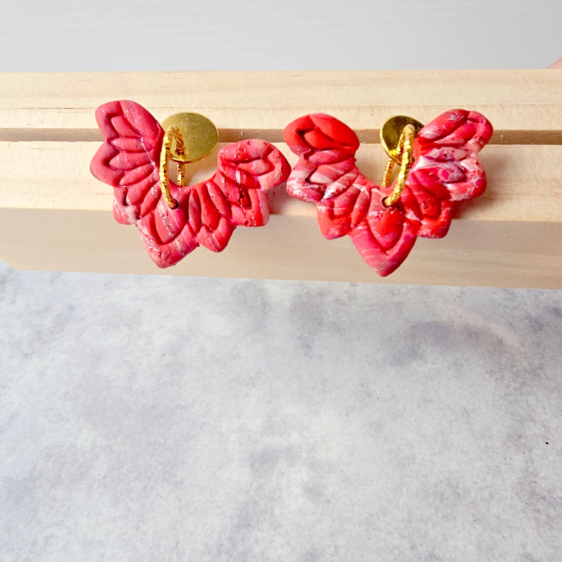 Red Marbled Floral 9k Gold Plated Earrings