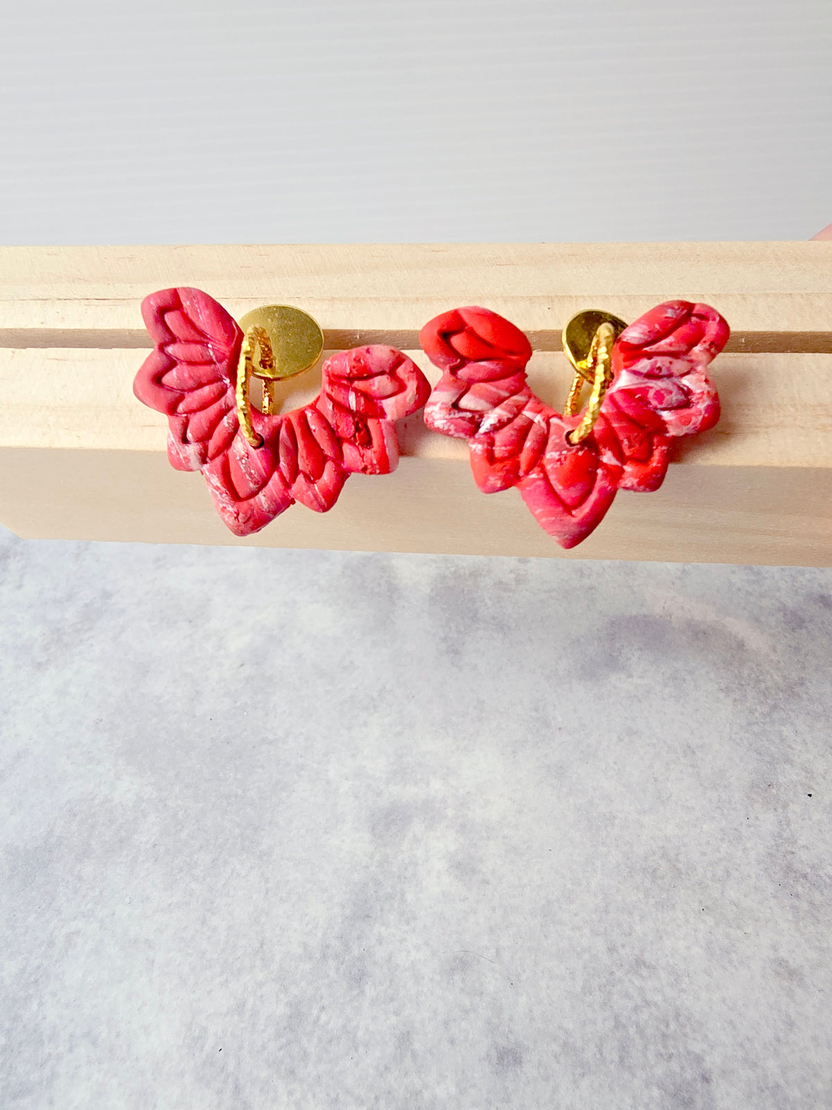 Red Marbled Floral 9k Gold Plated Earrings