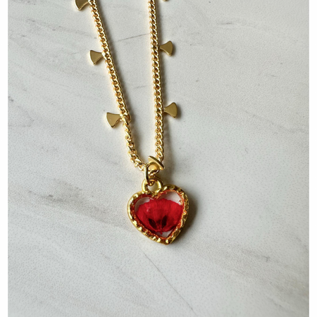 Gold plated resin necklace with red wildflower