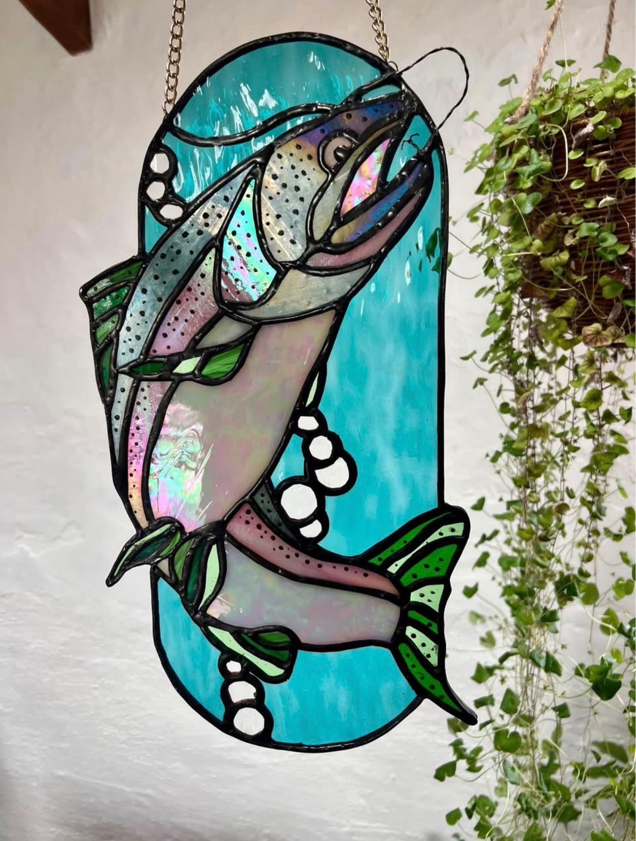 Rainbow trout stained glass panel