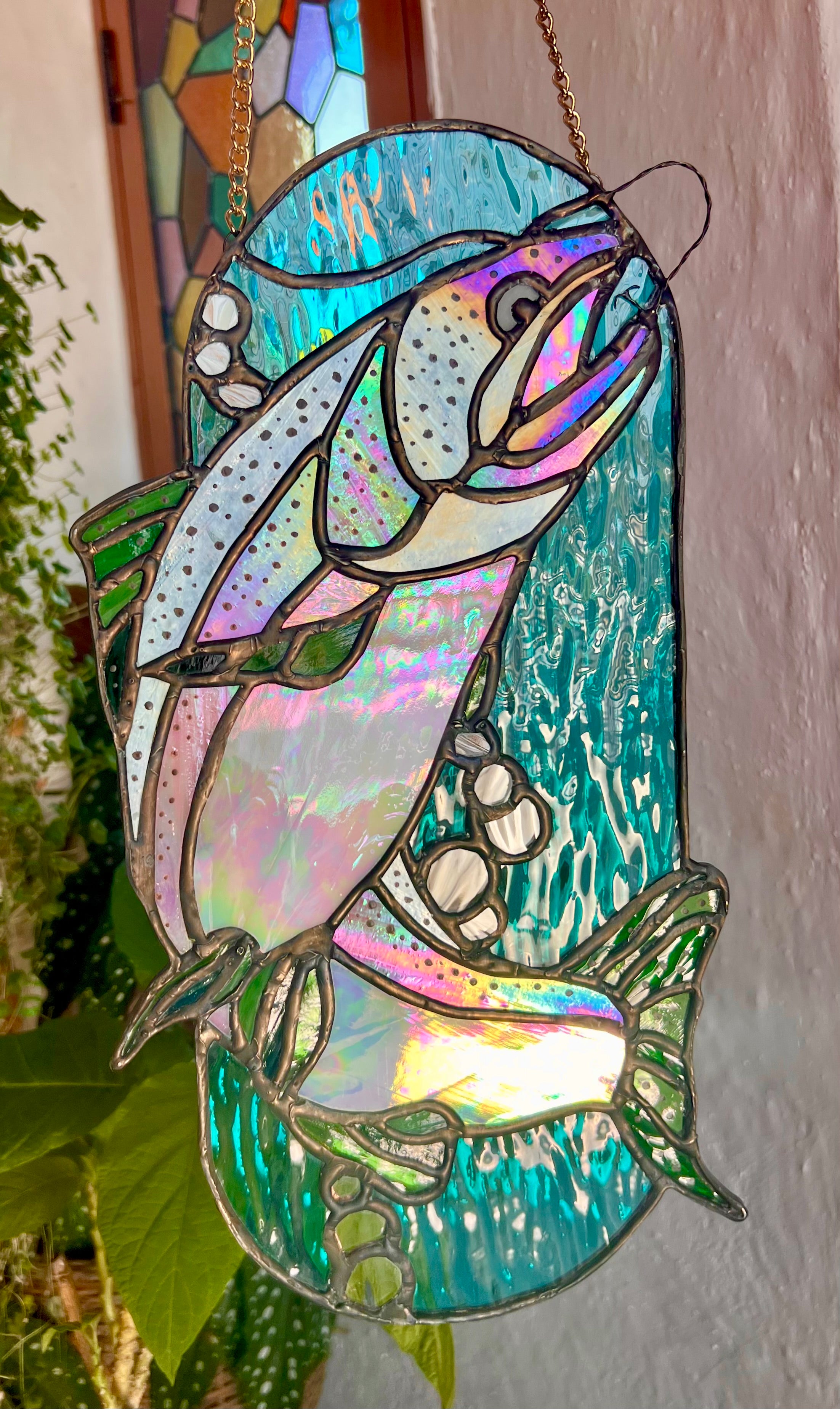 Rainbow trout stained glass panel