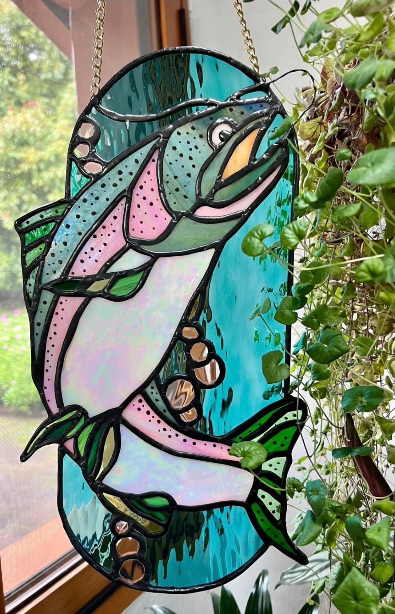 Rainbow trout stained glass panel