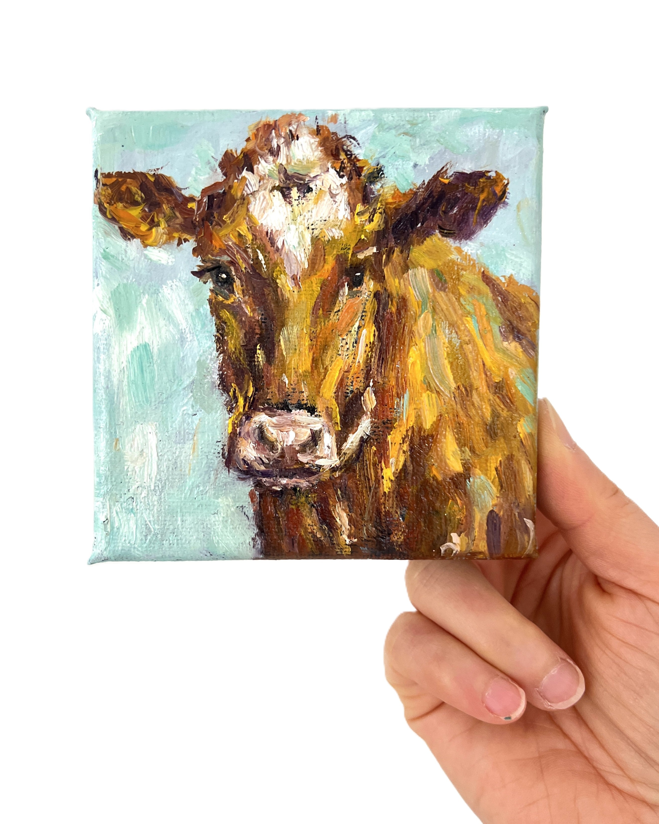Original Brown Cow Mini Oil Painting