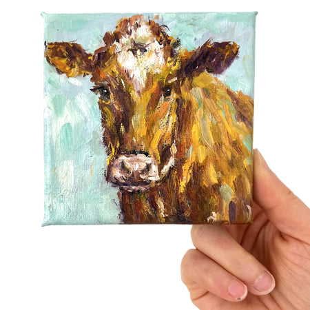 Original Brown Cow Mini Oil Painting