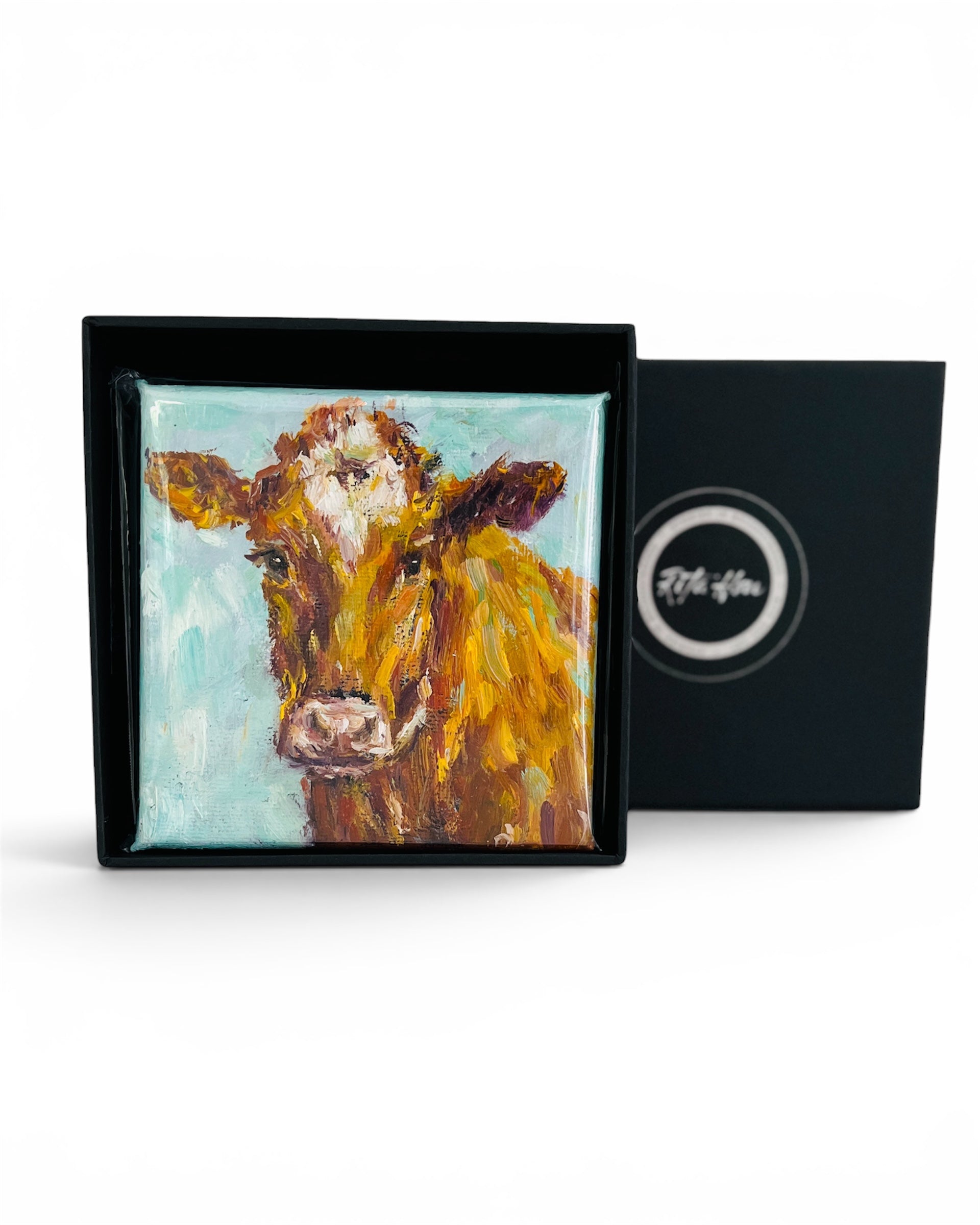 Original Brown Cow Mini Oil Painting