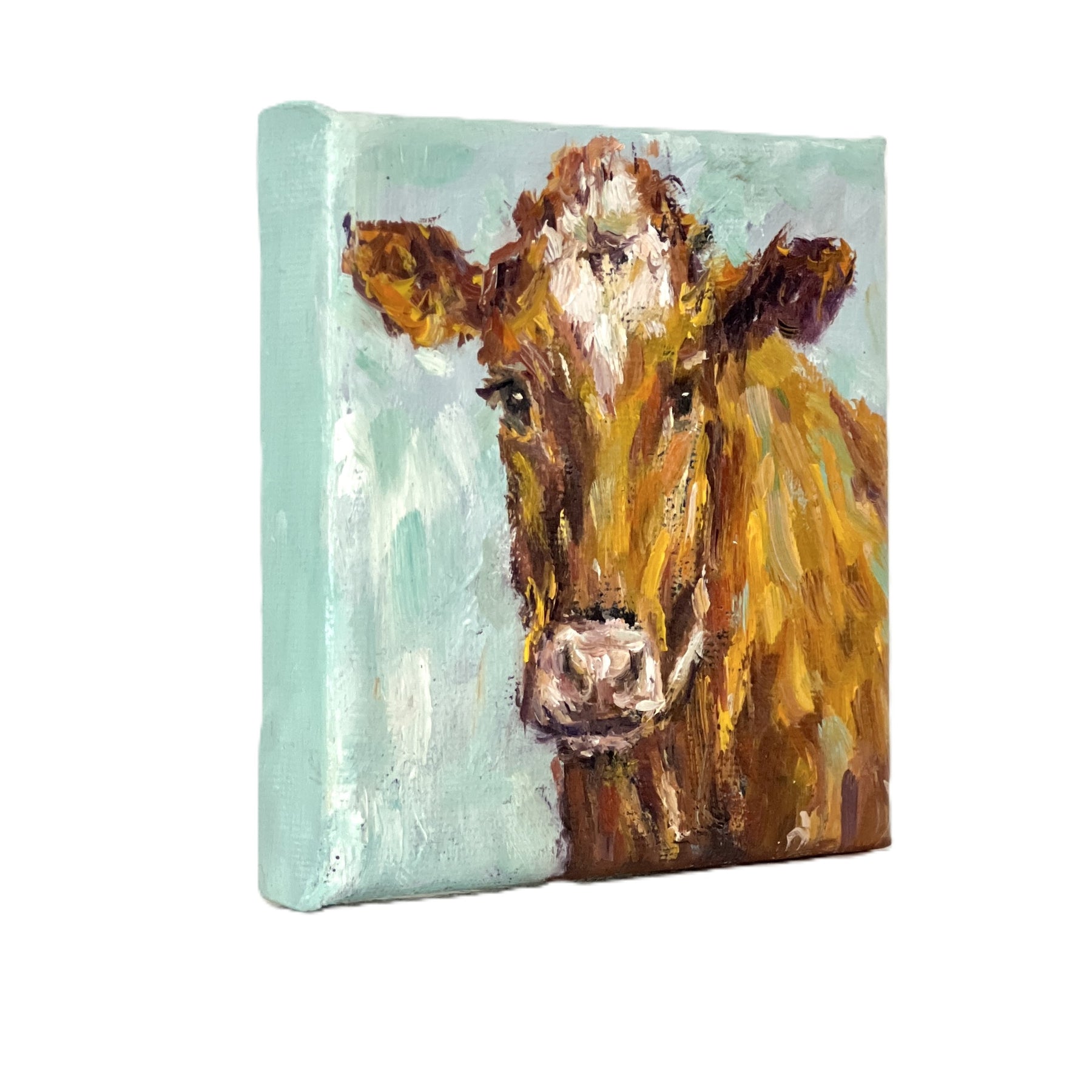 Original Brown Cow Mini Oil Painting