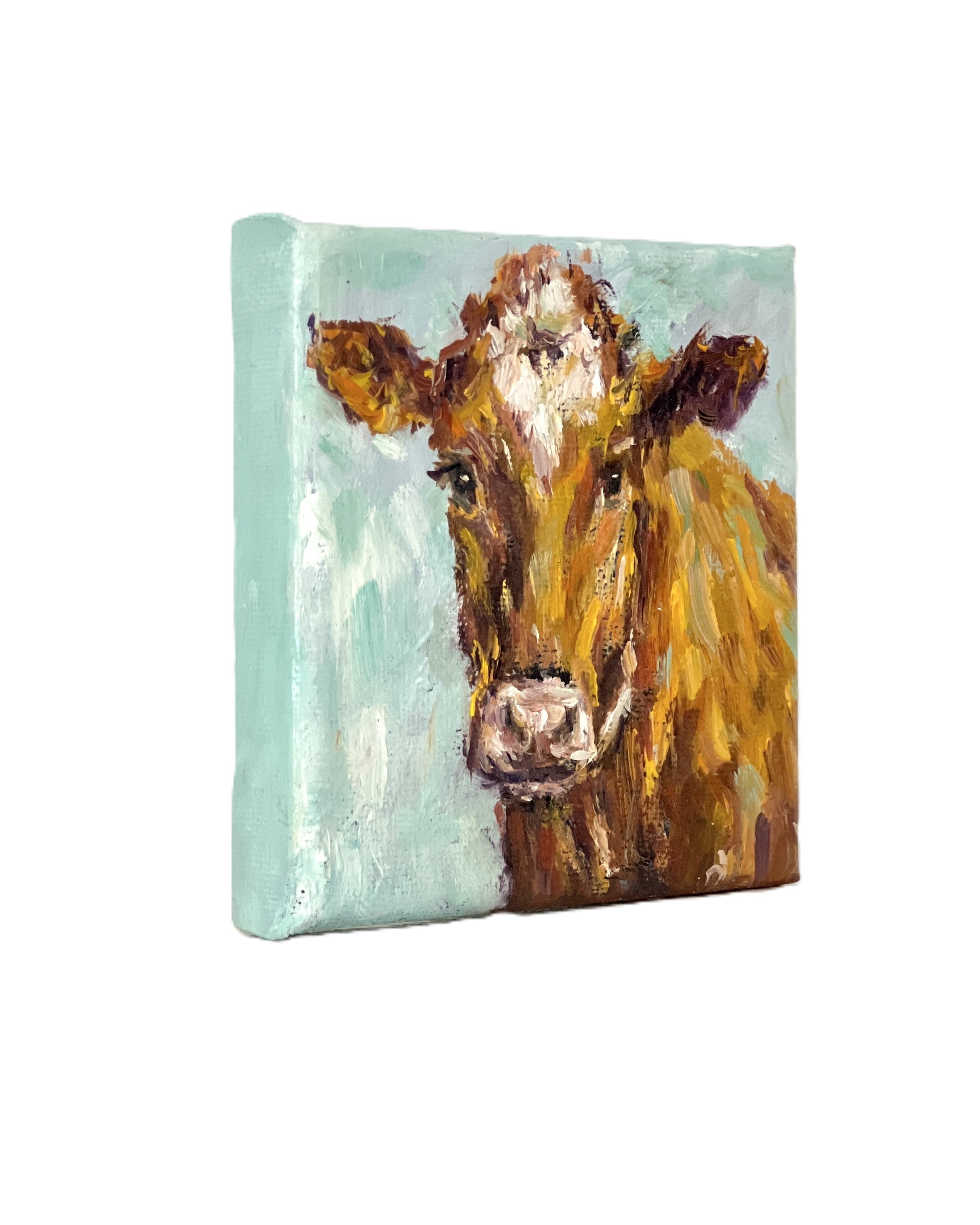Original Brown Cow Mini Oil Painting