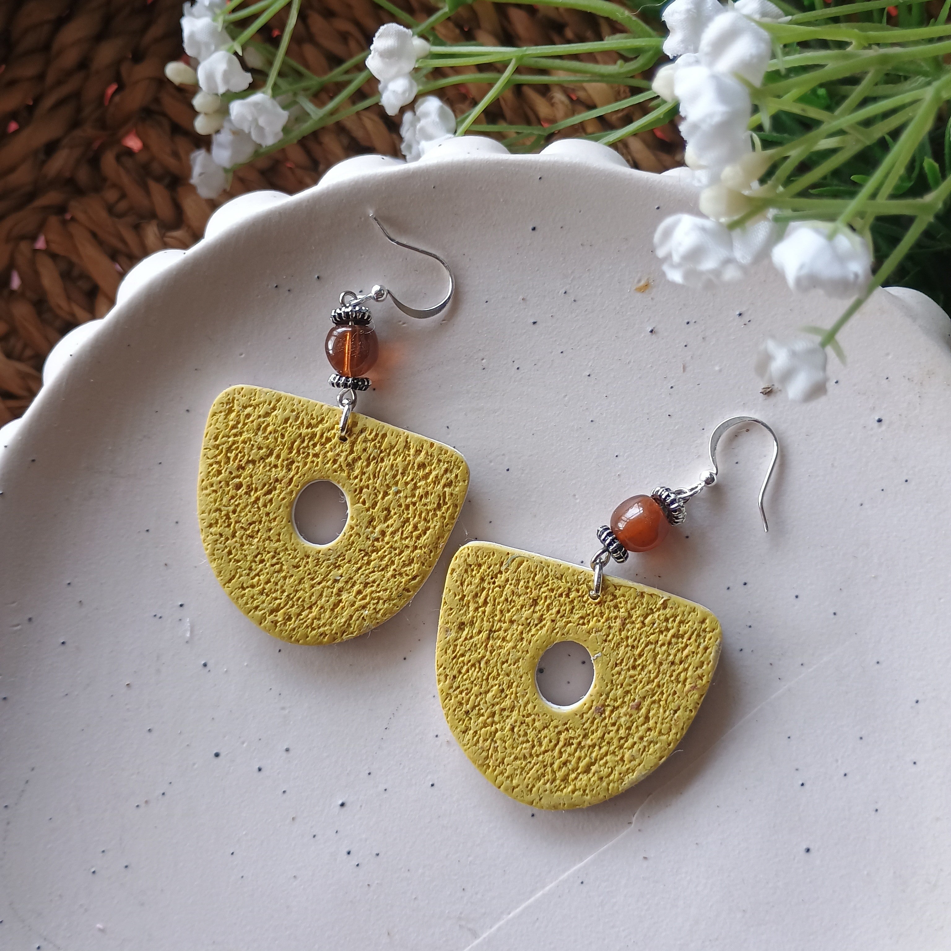 Floral marble print and upcycled bead polymer clay earring