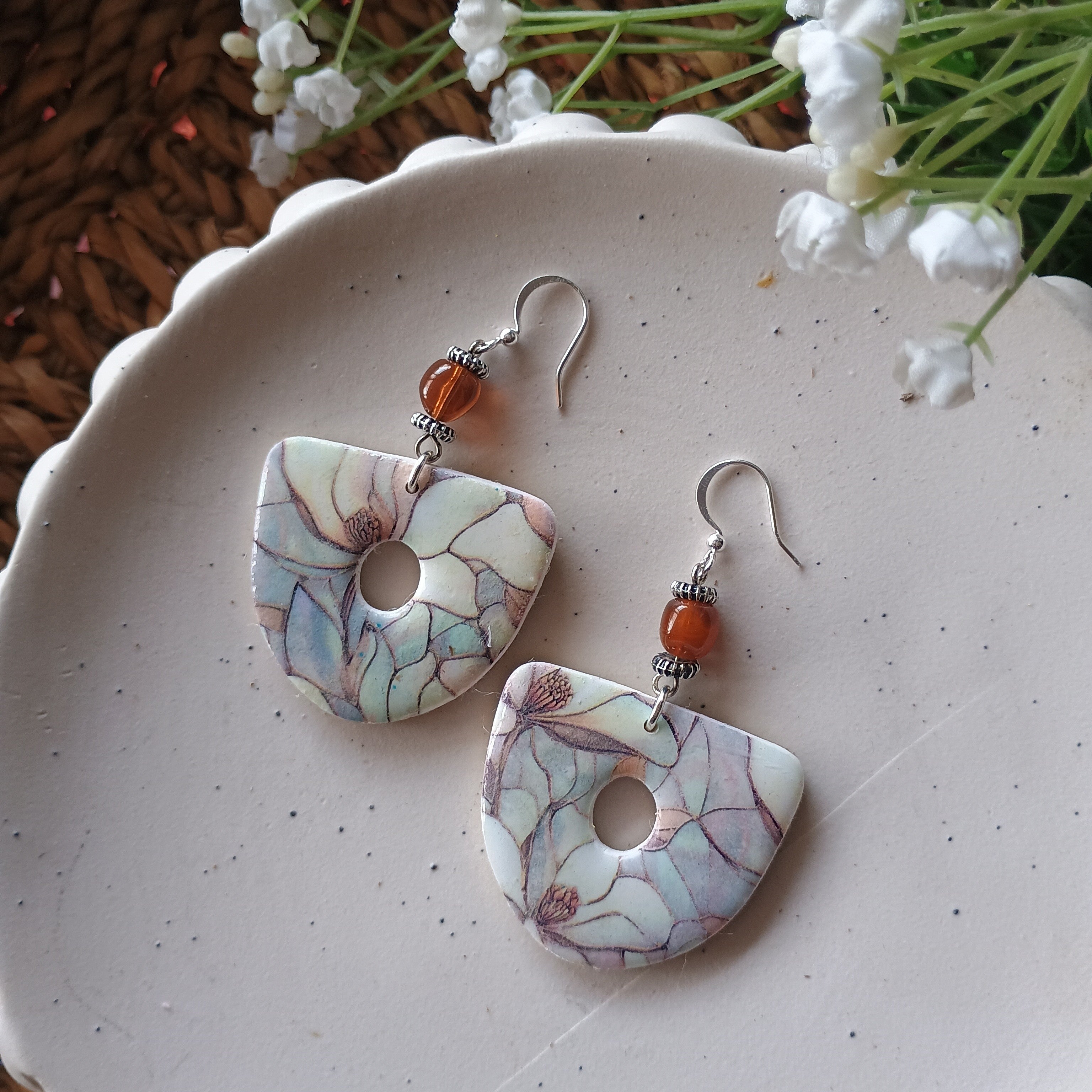 Floral marble print and stone bead polymer clay earring