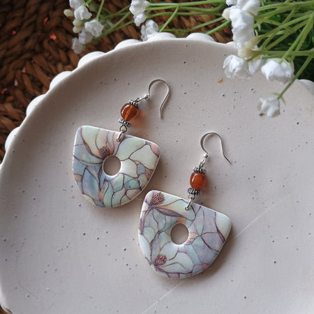 Floral marble print and stone bead polymer clay earring