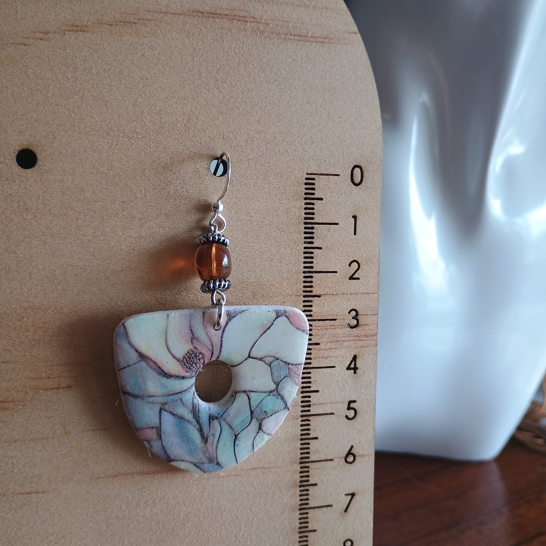 Floral marble print and stone bead polymer clay earring