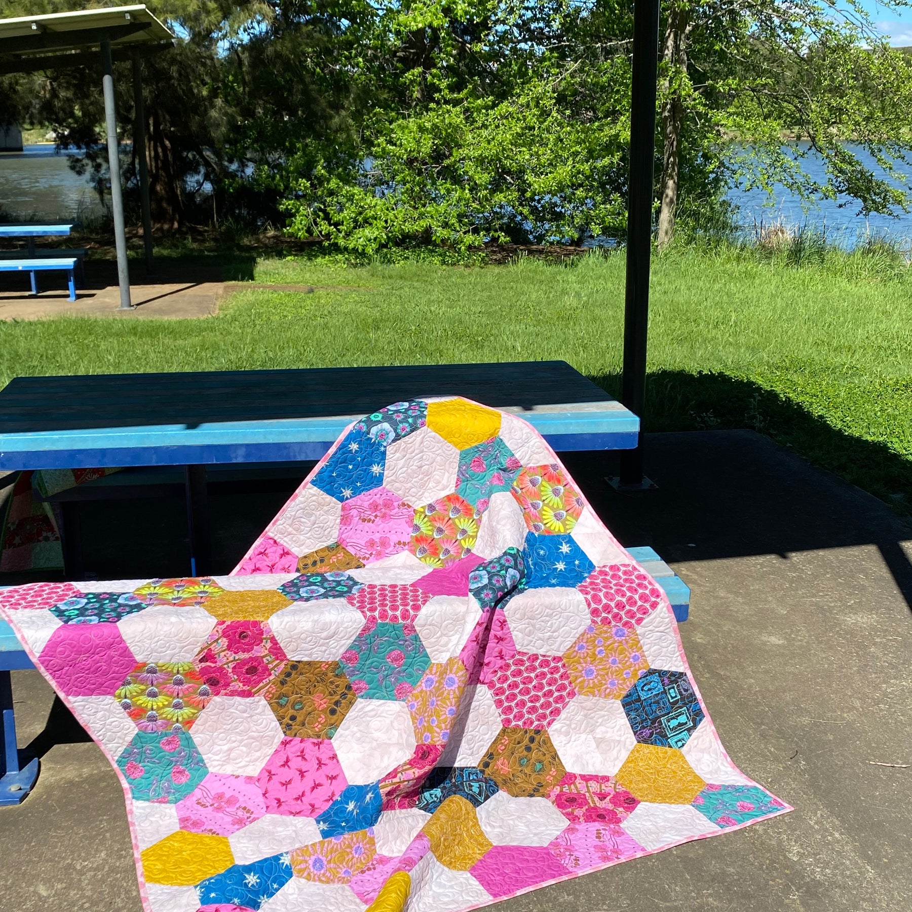 Hexagon Modern Quilt -  Pink Brights and friends