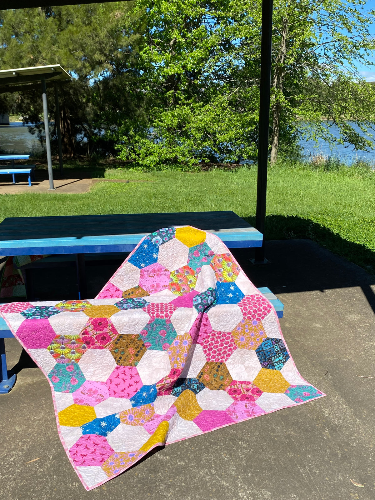 Hexagon Modern Quilt -  Pink Brights and friends