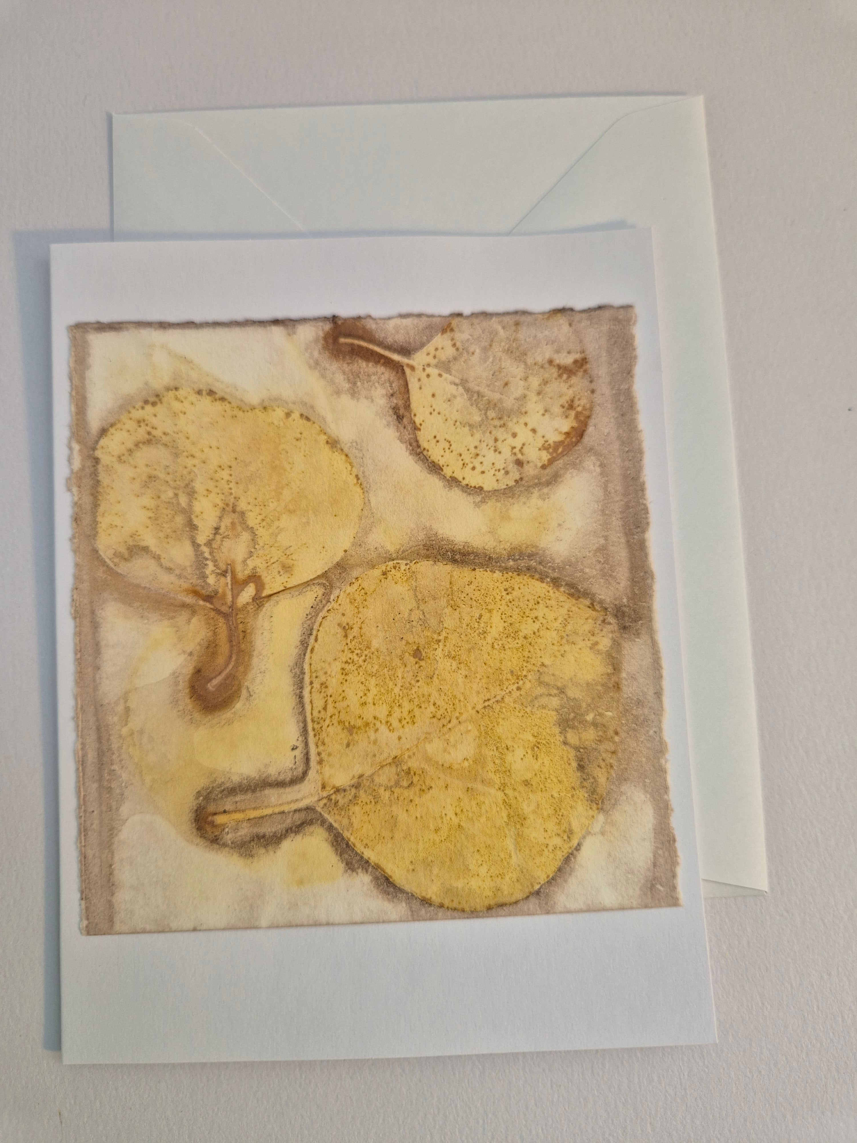 Card ecoprinted original golden leaves