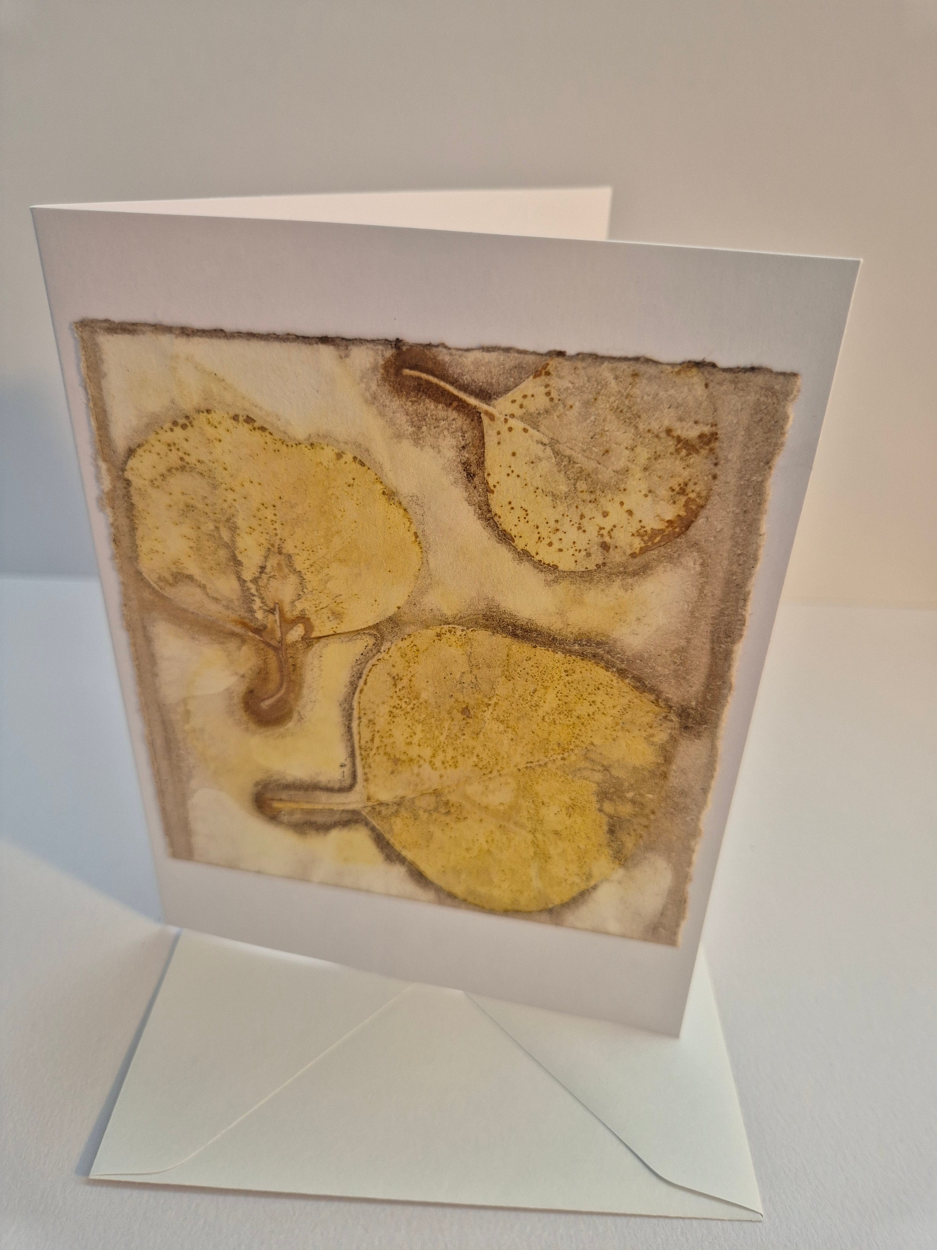 Card ecoprinted original golden leaves