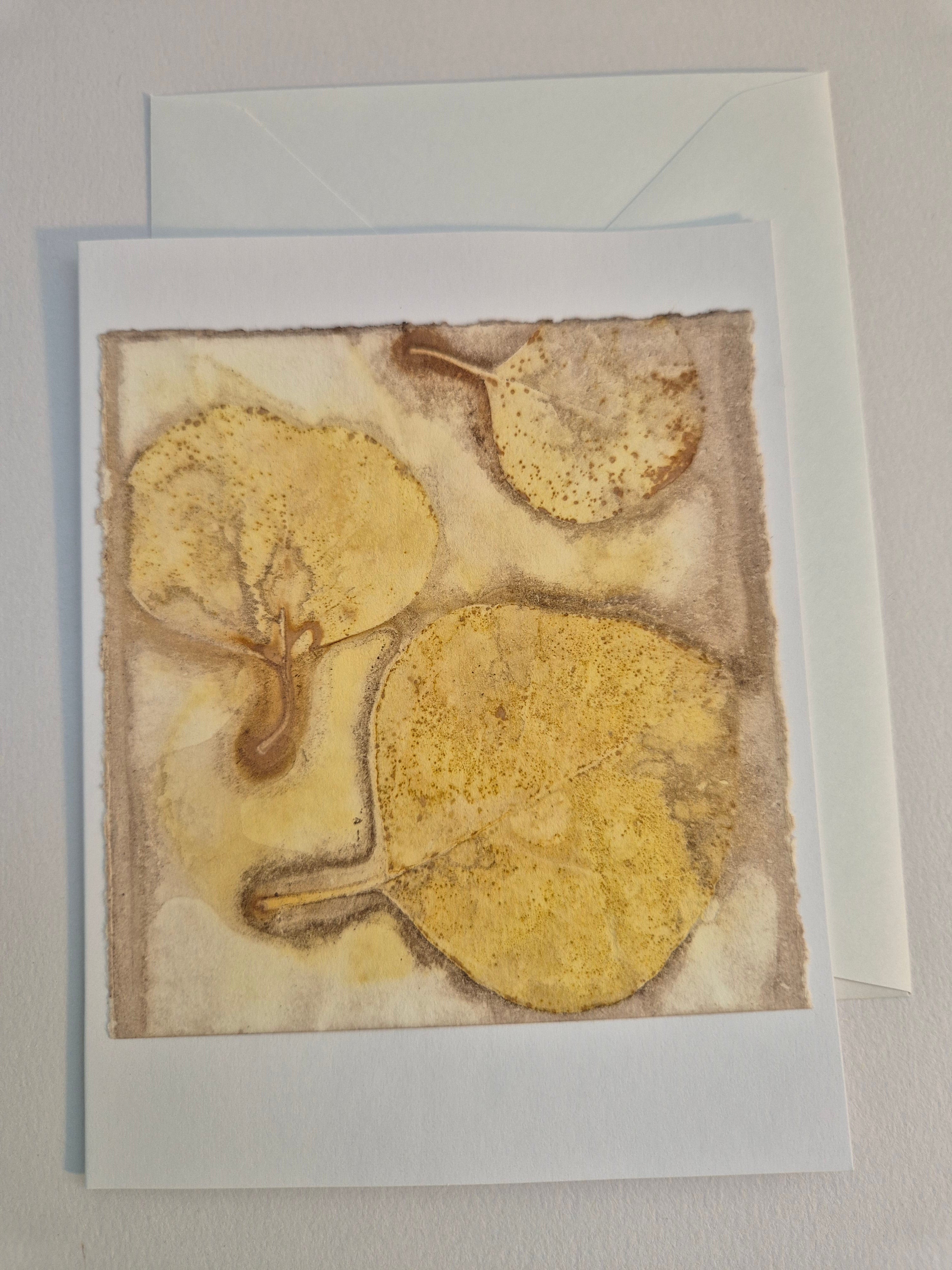 Card ecoprinted original golden leaves