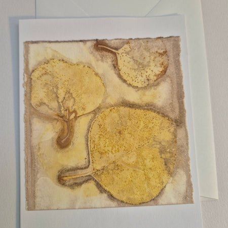 Card ecoprinted original golden leaves