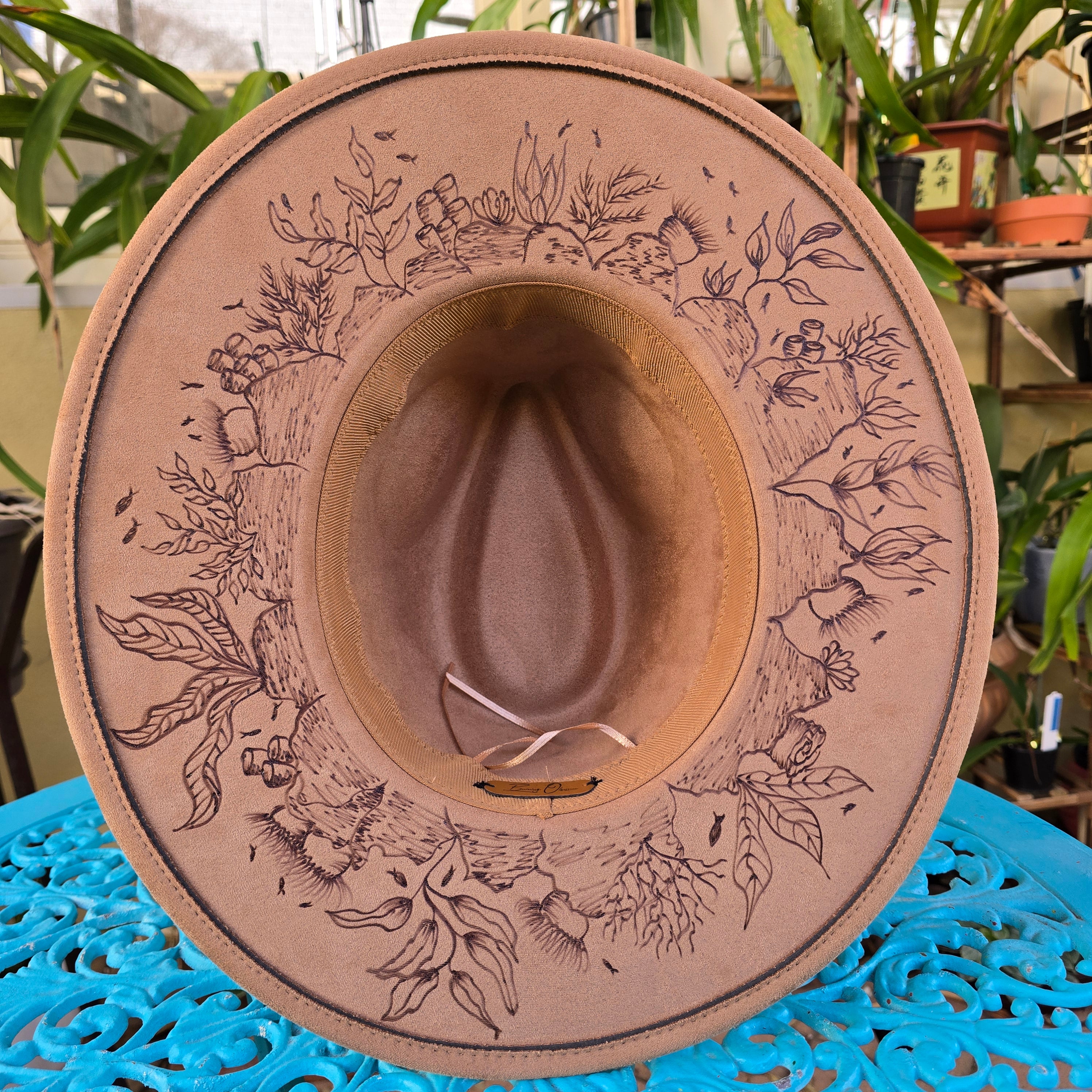 Hand burnt pyrography fedora hat - Ocean Odyssey