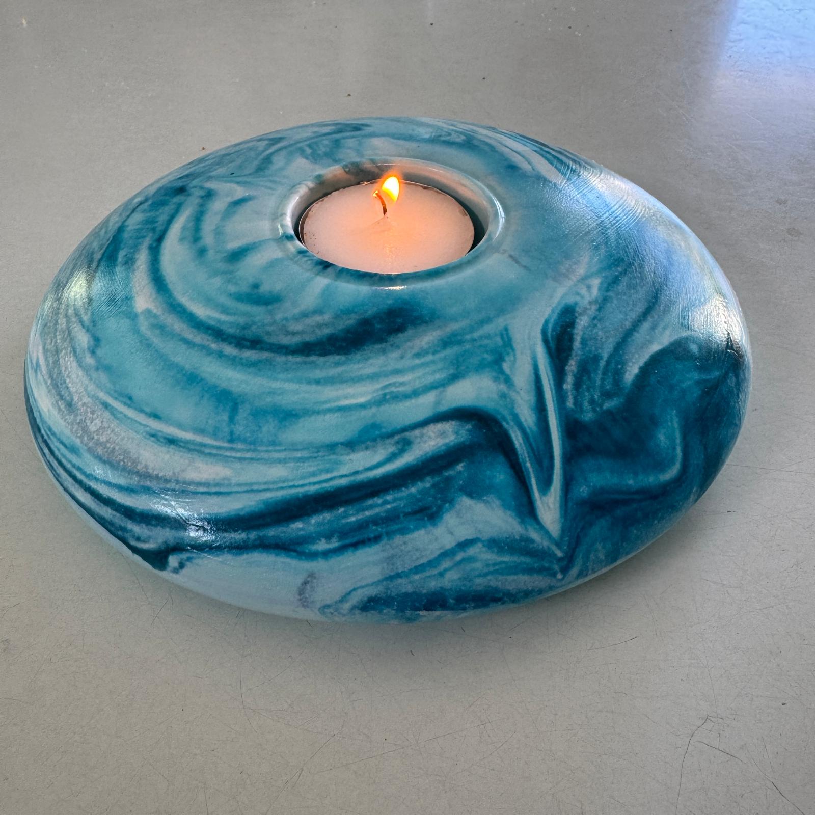 Large round concrete tealight candle holder in teal