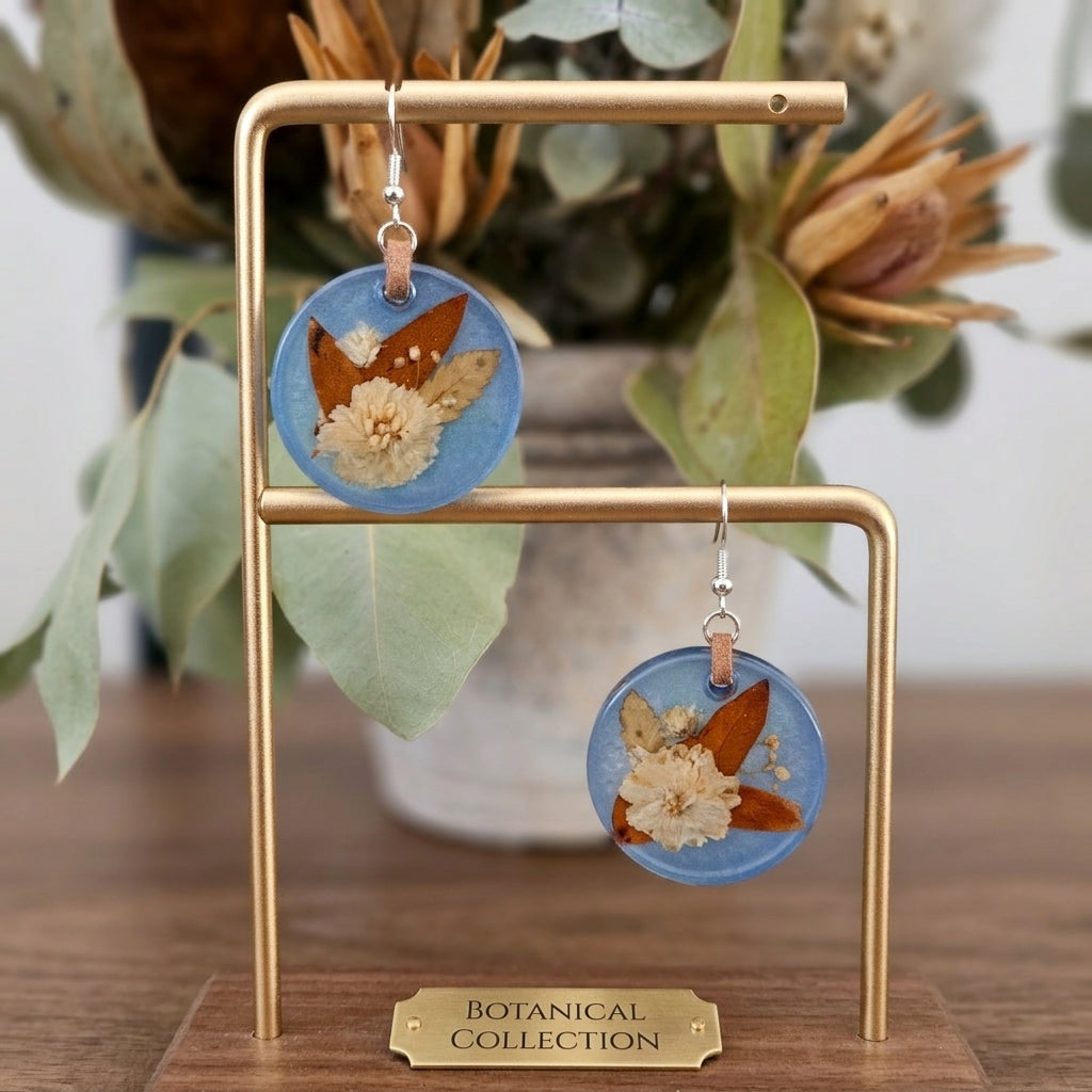 Handmade Blue Resin & Cream Floral Earrings 🌿