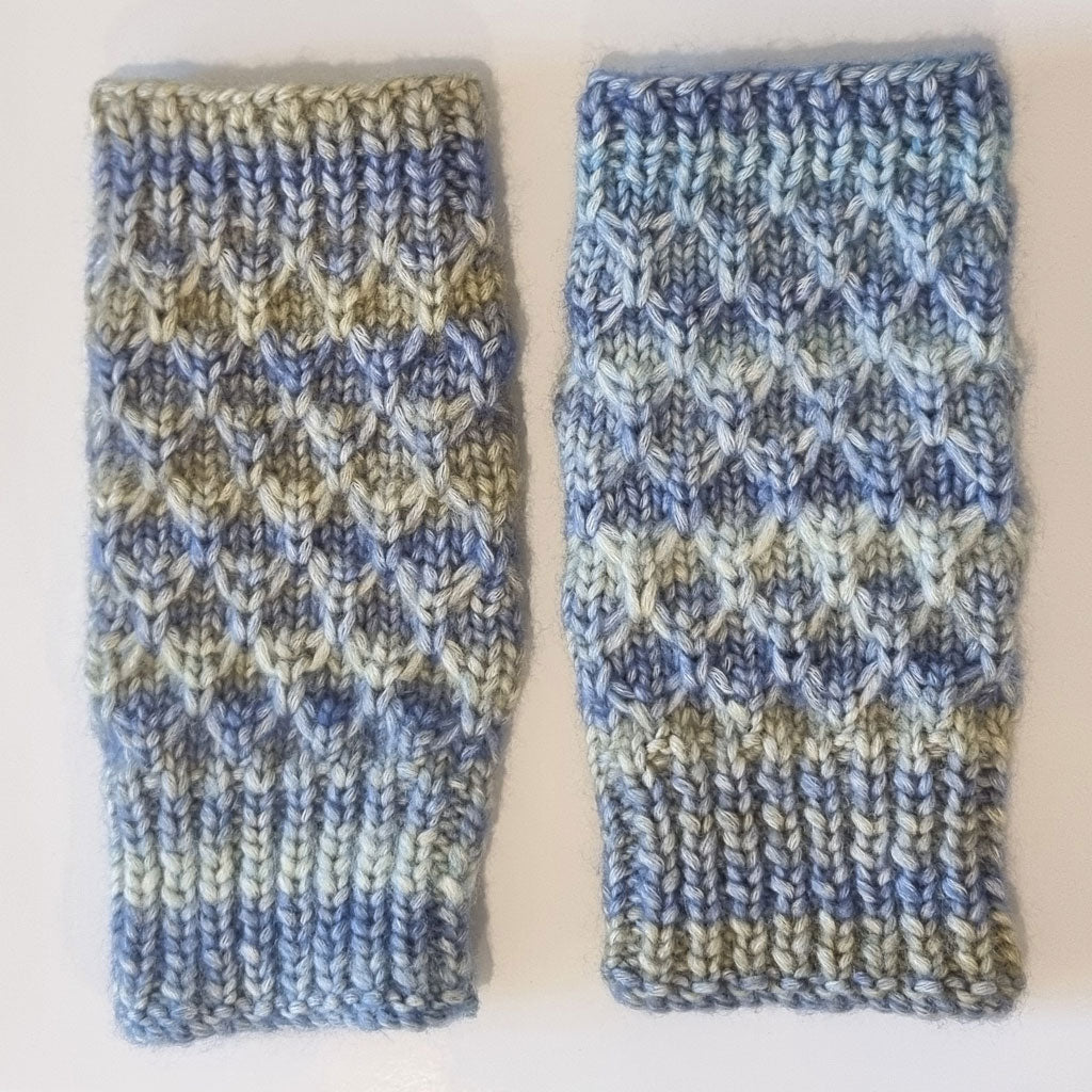 Hand Warmers - Worn-Denim coloured hand knitted fingerless gloves