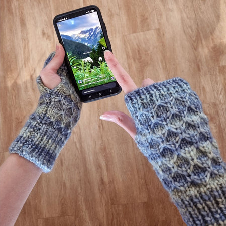 Hand Warmers - Worn-Denim coloured hand knitted fingerless gloves