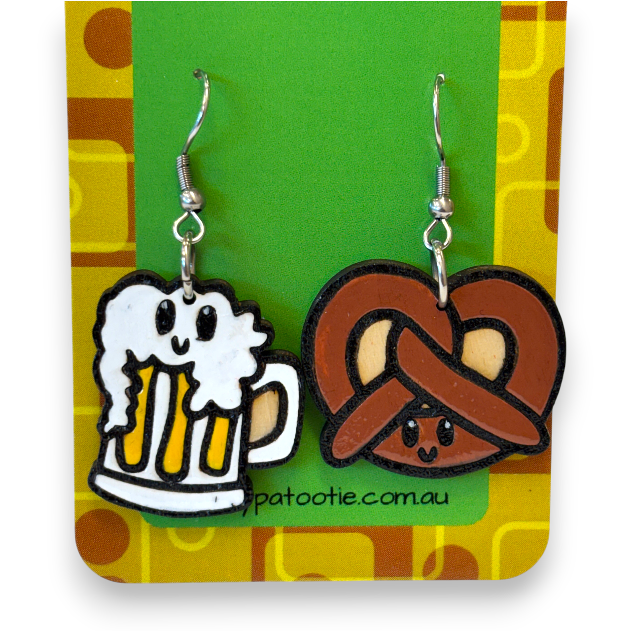 Wooden beer and pretzel earrings - hand painted